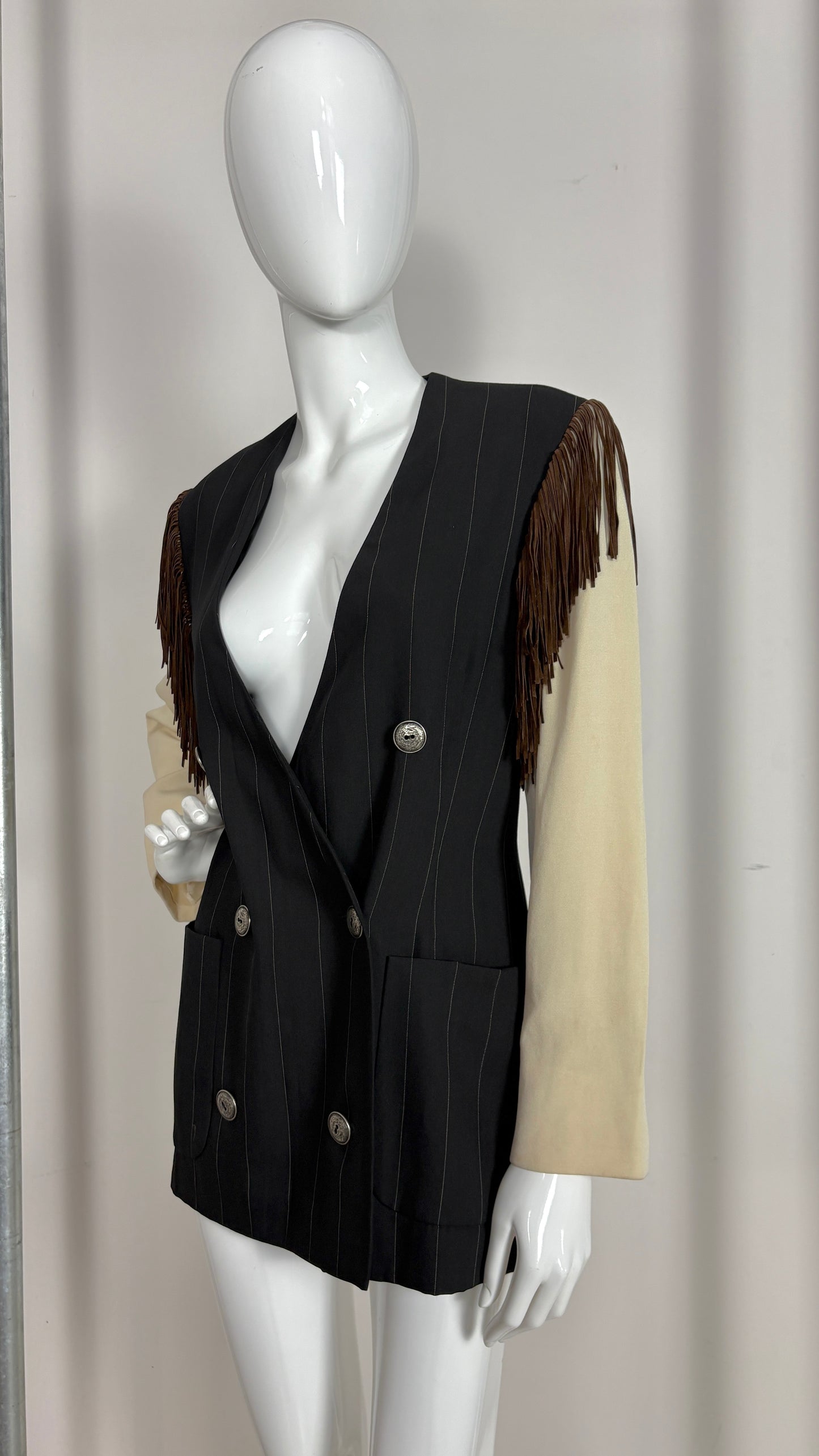 Ozbek pinstripe jacket with fringe shoulder
