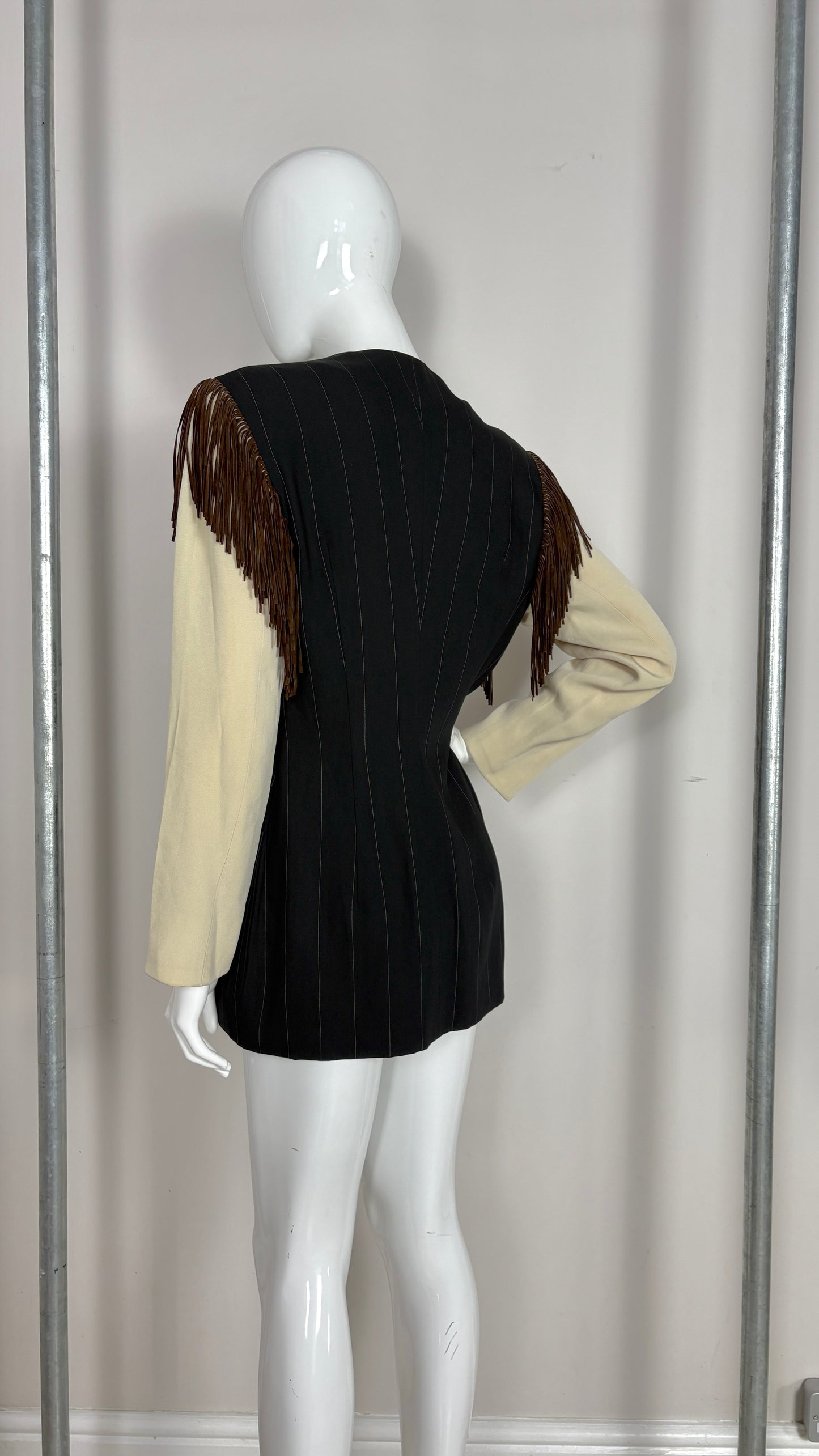 Ozbek pinstripe jacket with fringe shoulder