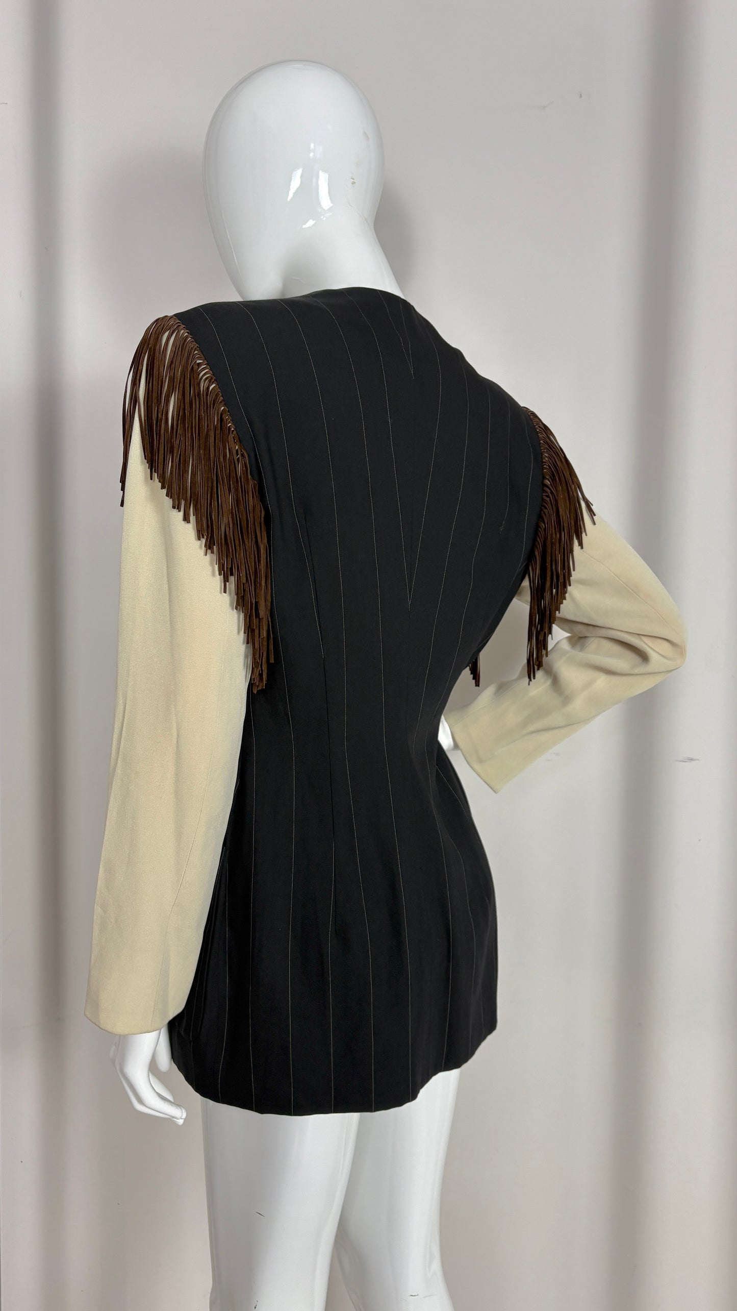 Ozbek pinstripe jacket with fringe shoulder