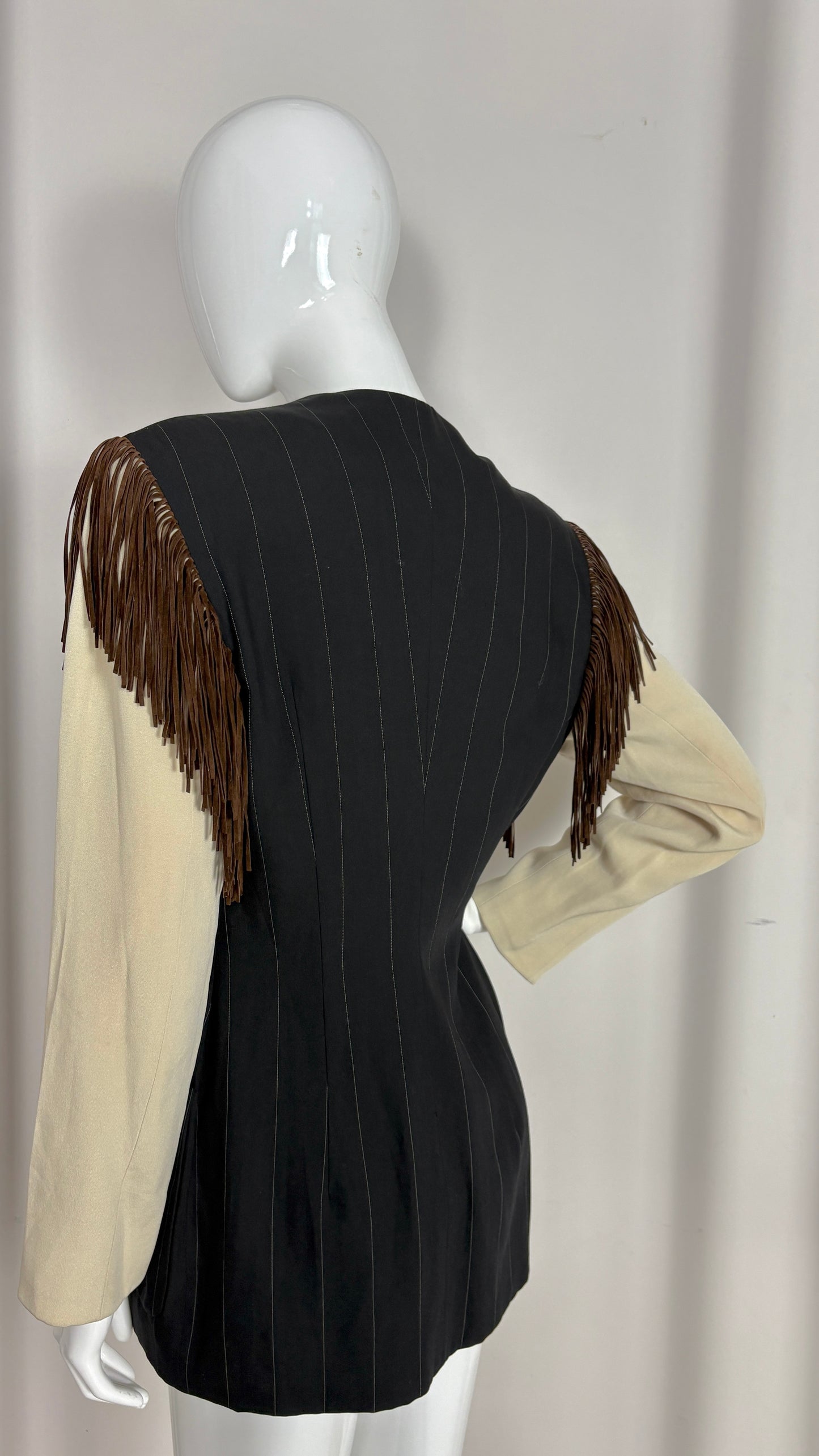 Ozbek pinstripe jacket with fringe shoulder