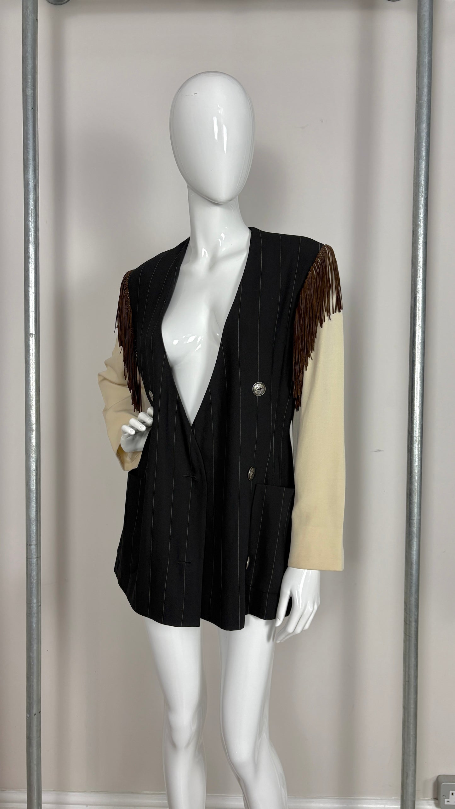 Ozbek pinstripe jacket with fringe shoulder