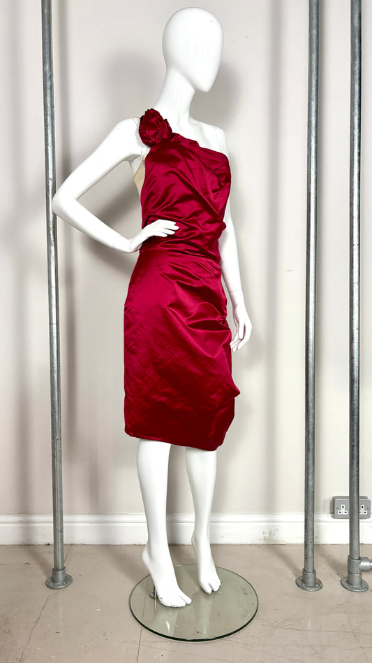 Alexander McQueen red satin dress with rose detail, with tags
