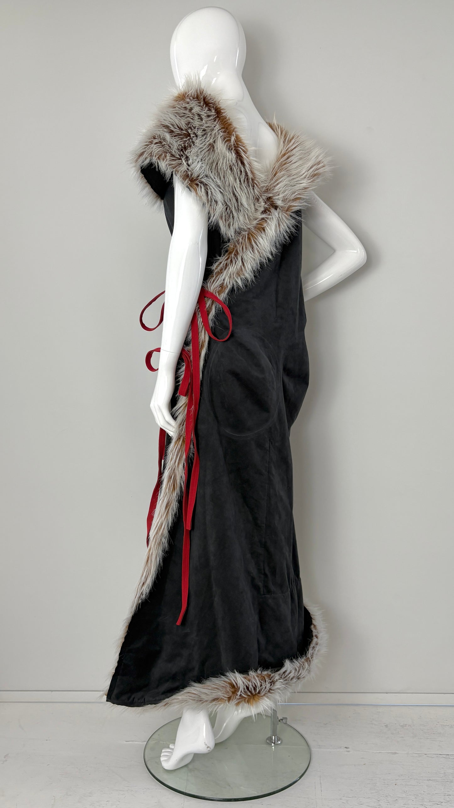 Issey Miyake by Naoki Takizawa A/W 2001 black suedette and faux fur wrap dress