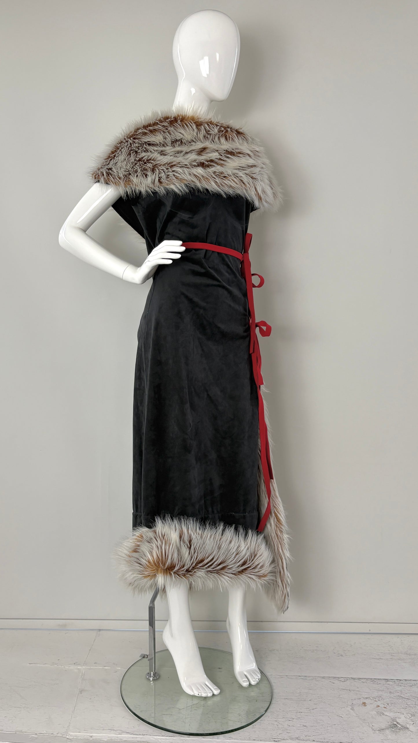 Issey Miyake by Naoki Takizawa A/W 2001 black suedette and faux fur wrap dress