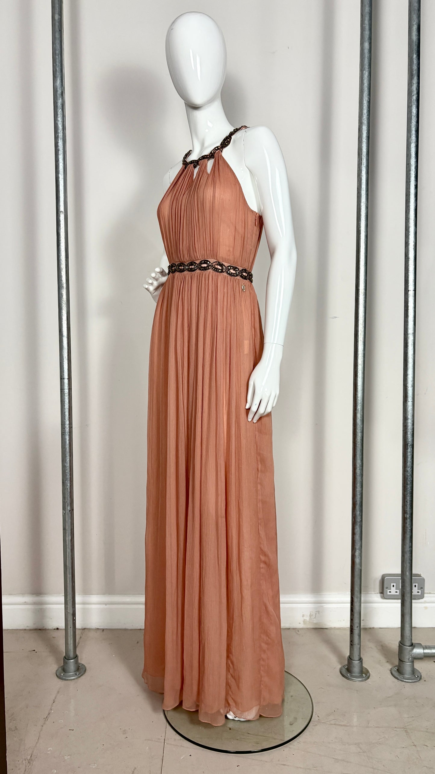 John Galliano grecian style powder pink chiffon evening dress
