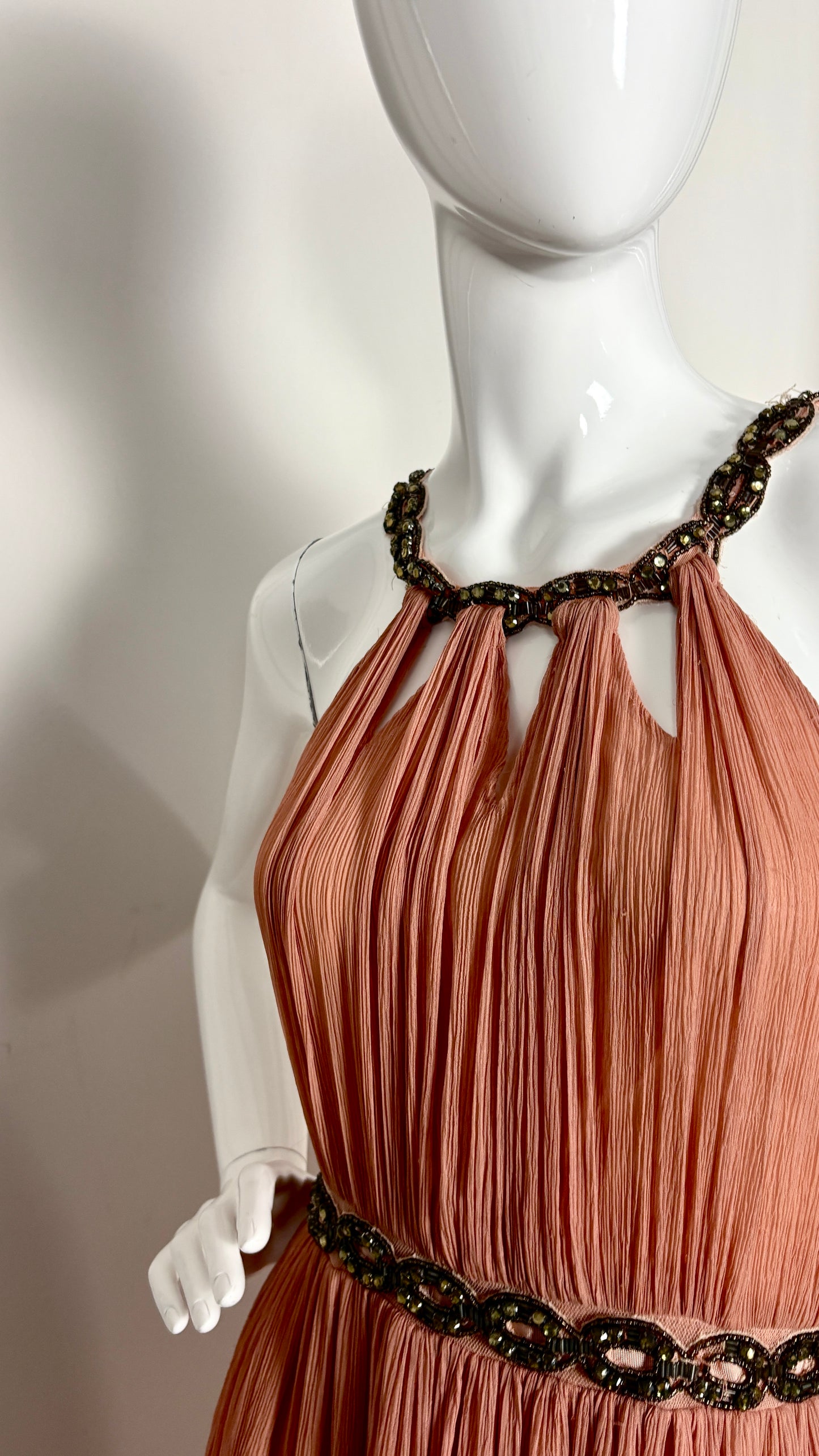 John Galliano grecian style powder pink chiffon evening dress