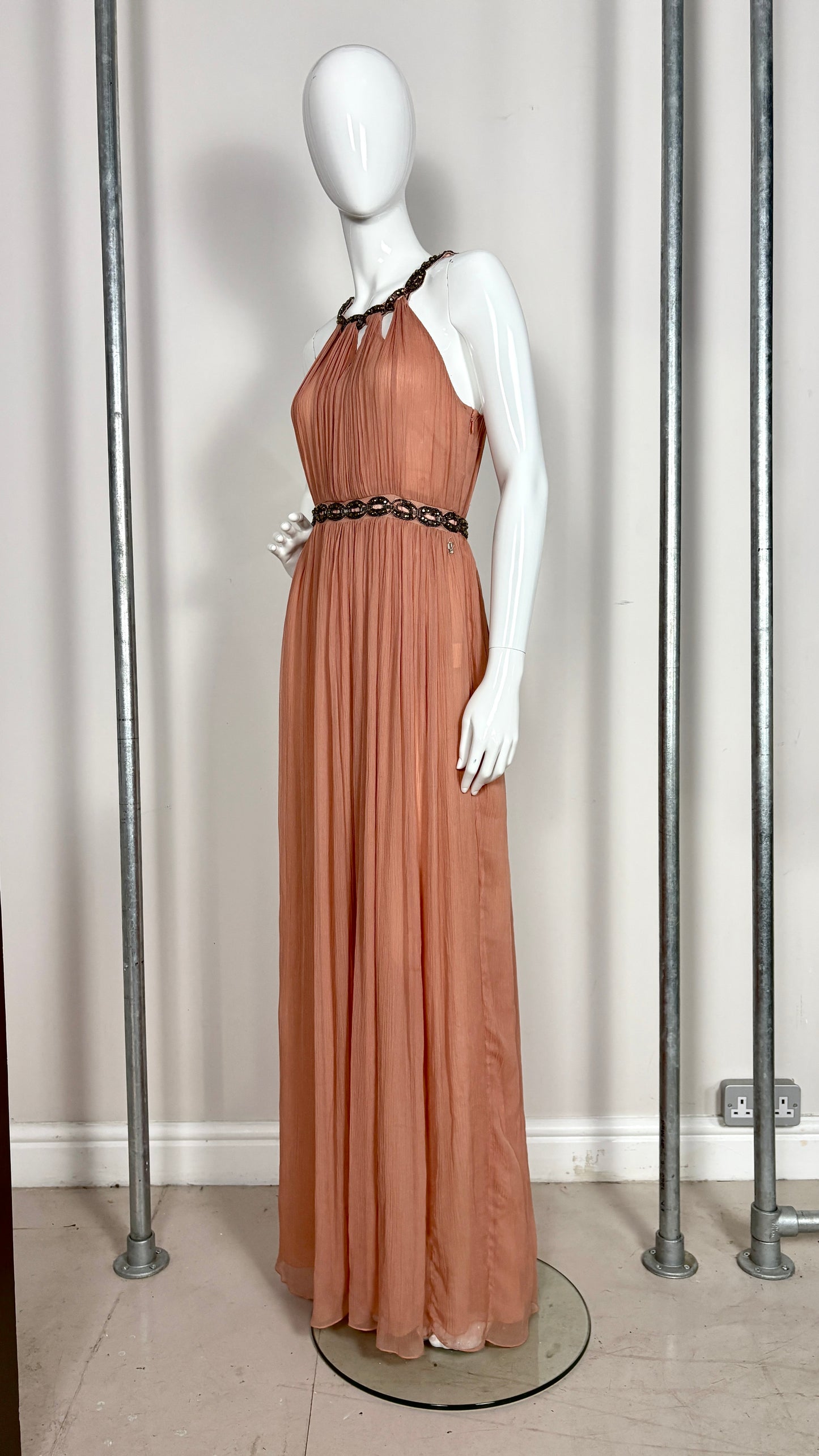 John Galliano grecian style powder pink chiffon evening dress