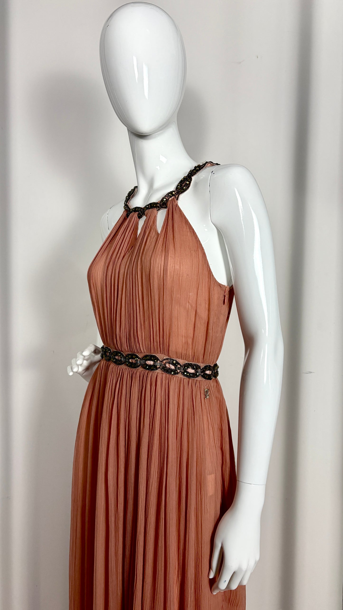 John Galliano grecian style powder pink chiffon evening dress