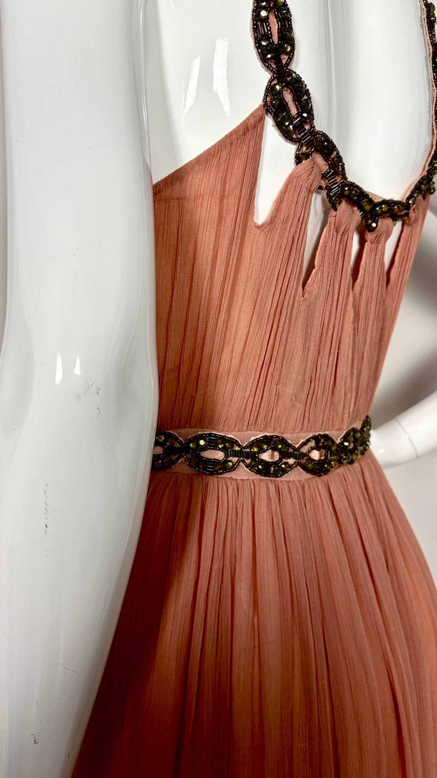 John Galliano grecian style powder pink chiffon evening dress