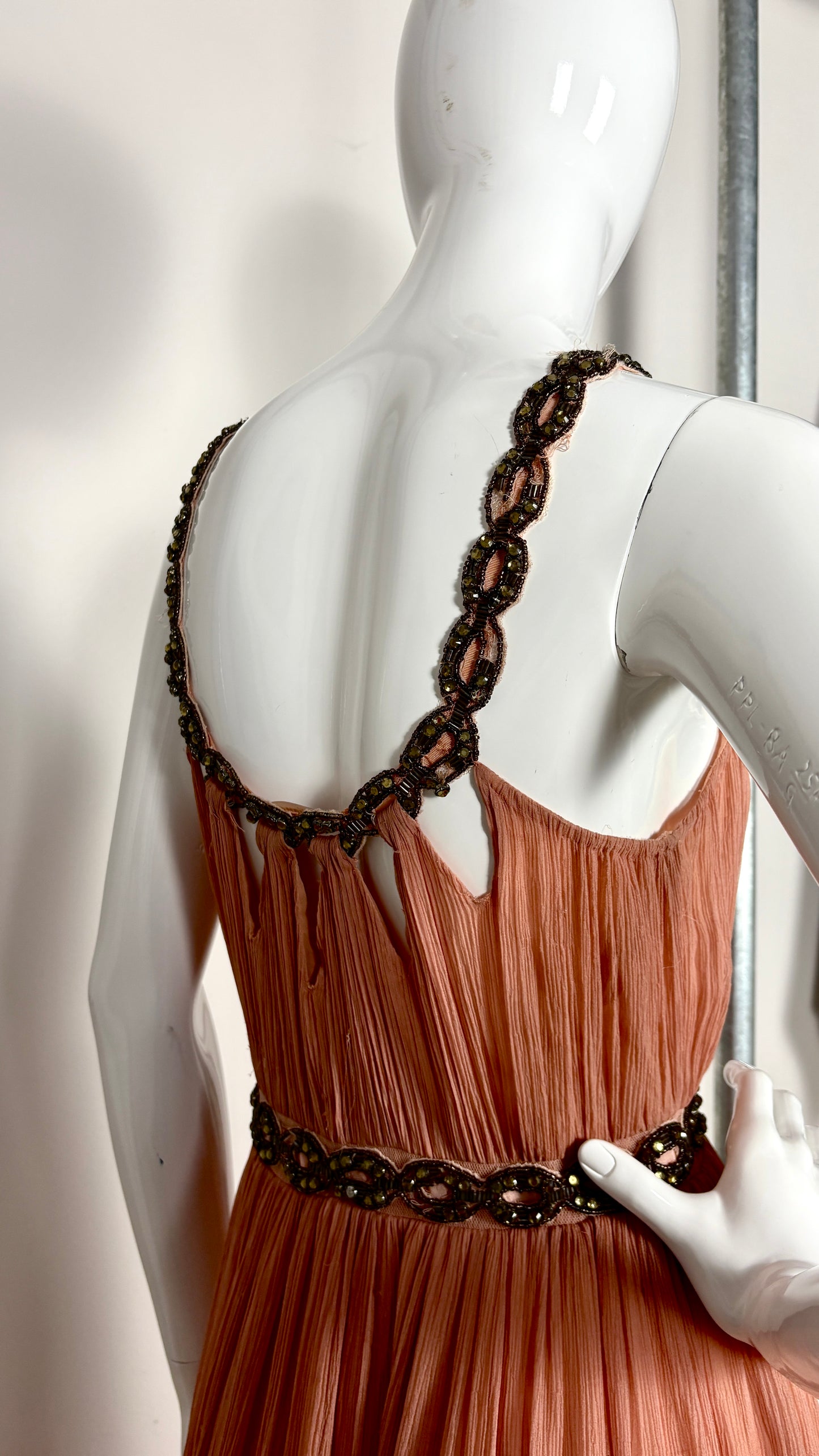 John Galliano grecian style powder pink chiffon evening dress