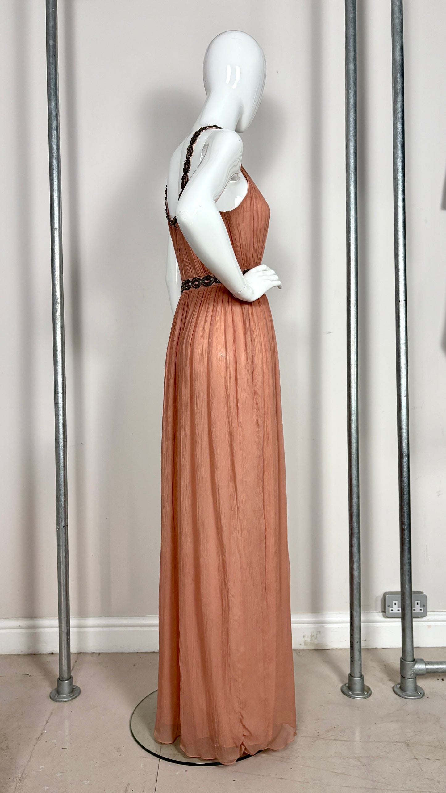 John Galliano grecian style powder pink chiffon evening dress