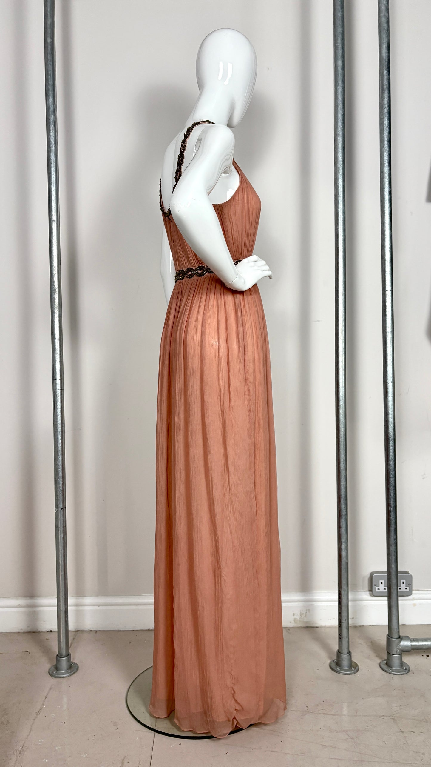 John Galliano grecian style powder pink chiffon evening dress