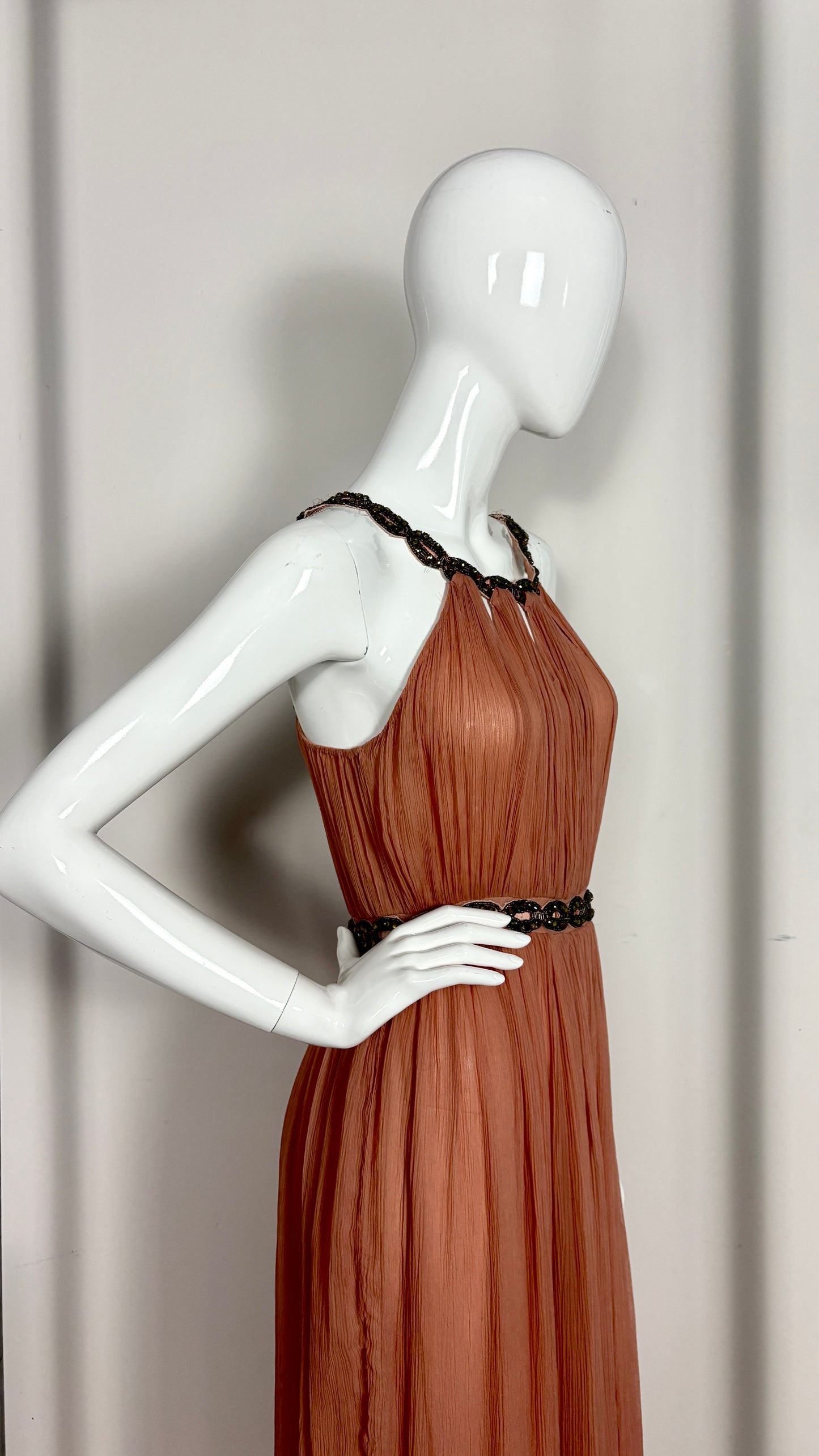 John Galliano grecian style powder pink chiffon evening dress