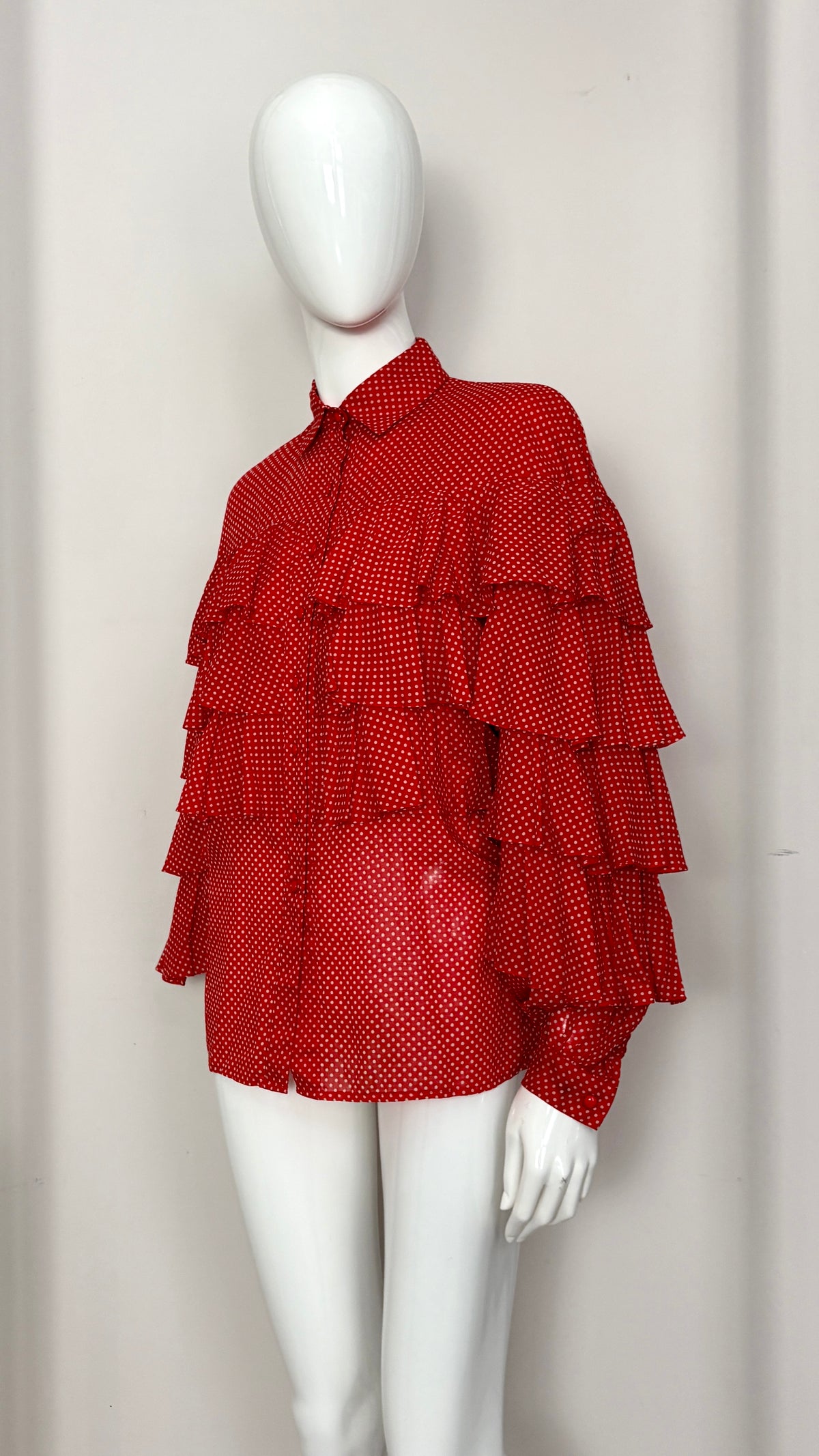 Nina Ricci 1970's polkadot tiered ruffle blouse