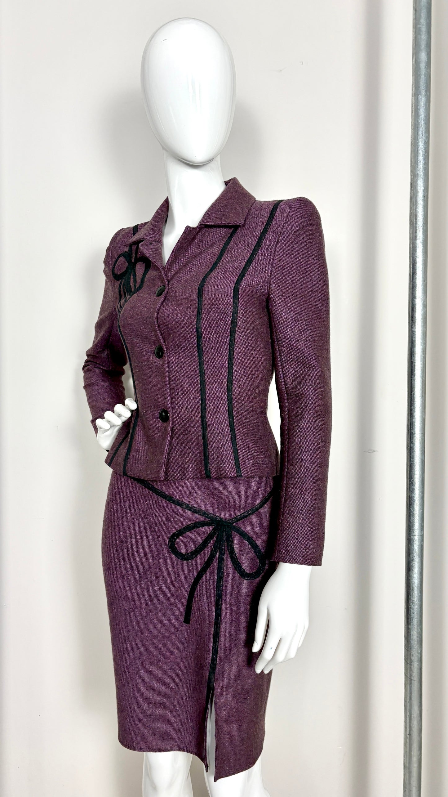 John Galliano circa 1994 aubergine bow applique suit