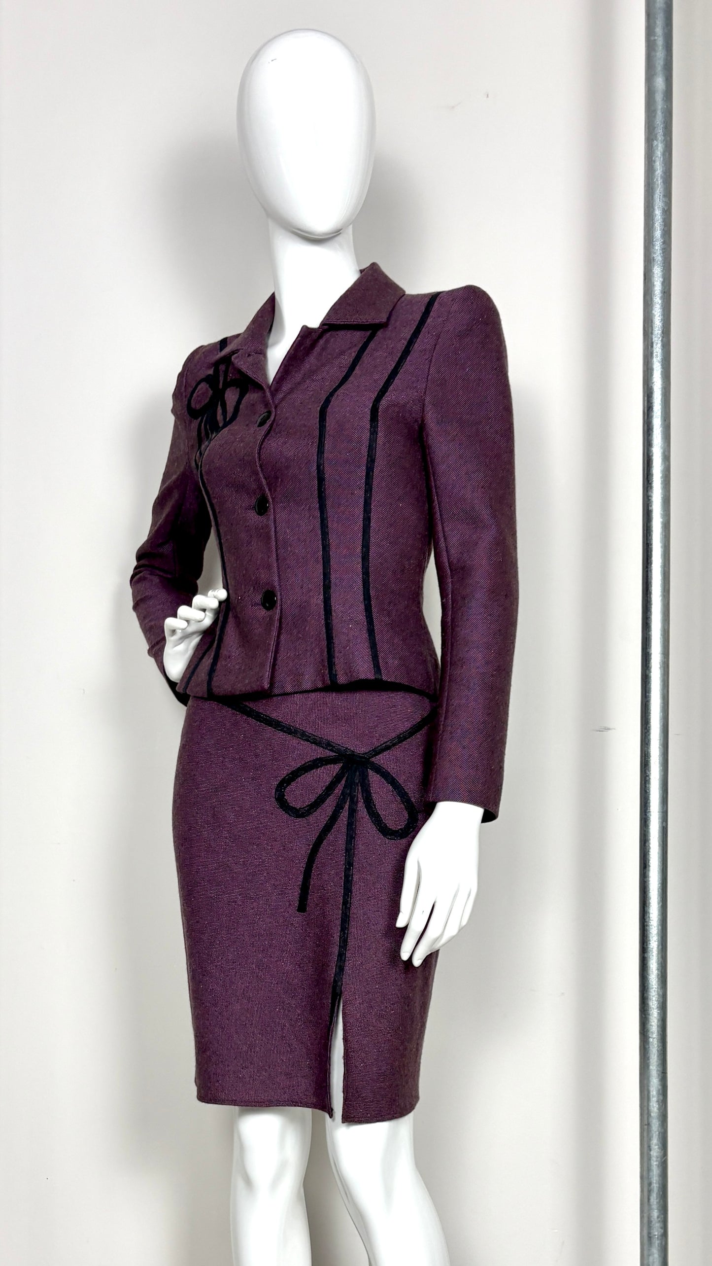 John Galliano circa 1994 aubergine bow applique suit