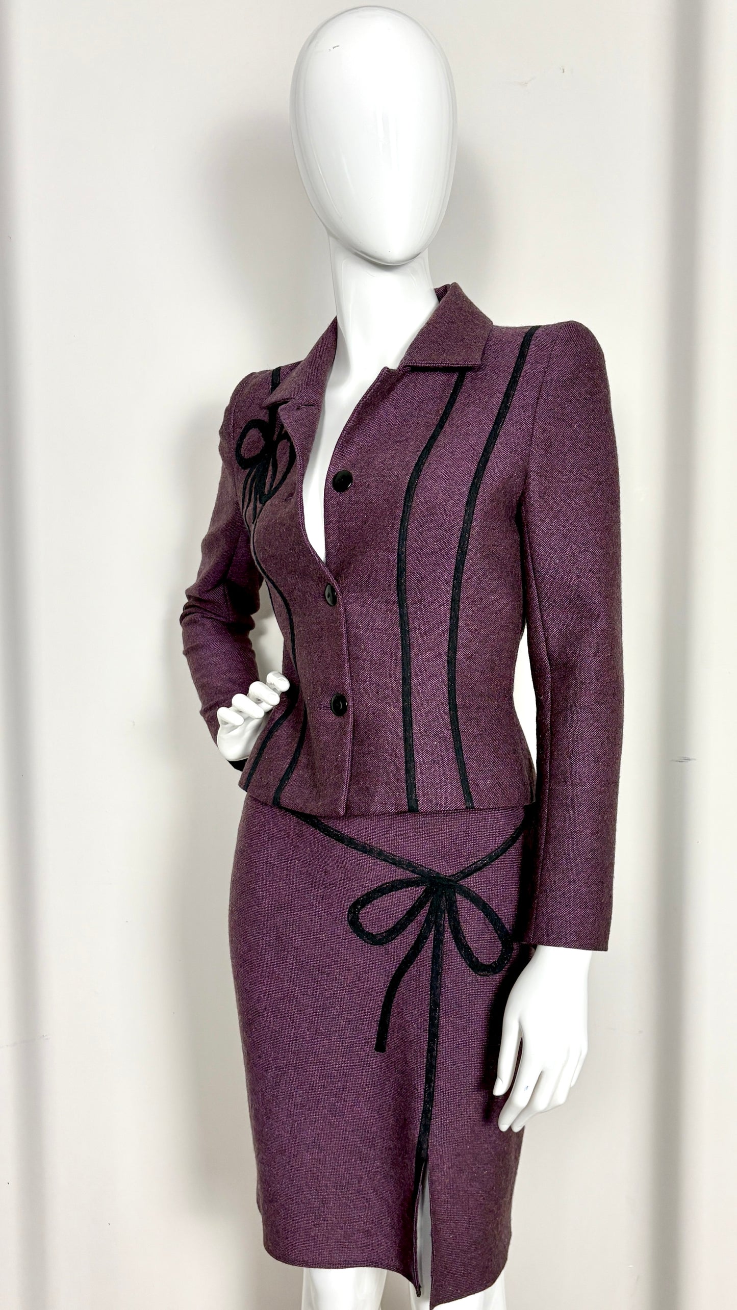 John Galliano circa 1994 aubergine bow applique suit