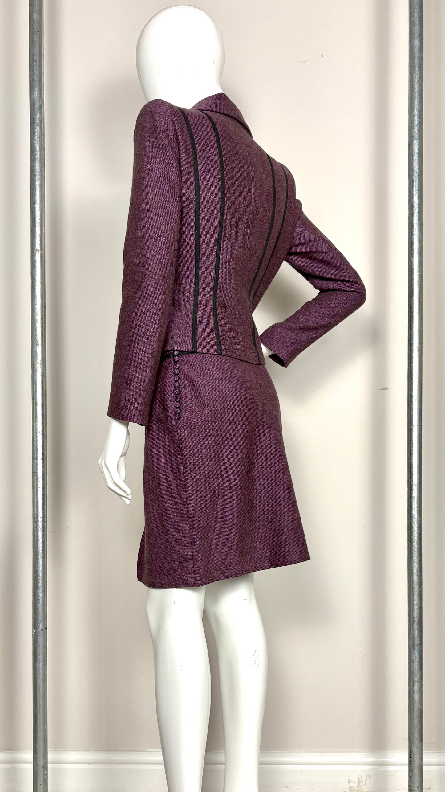 John Galliano circa 1994 aubergine bow applique suit