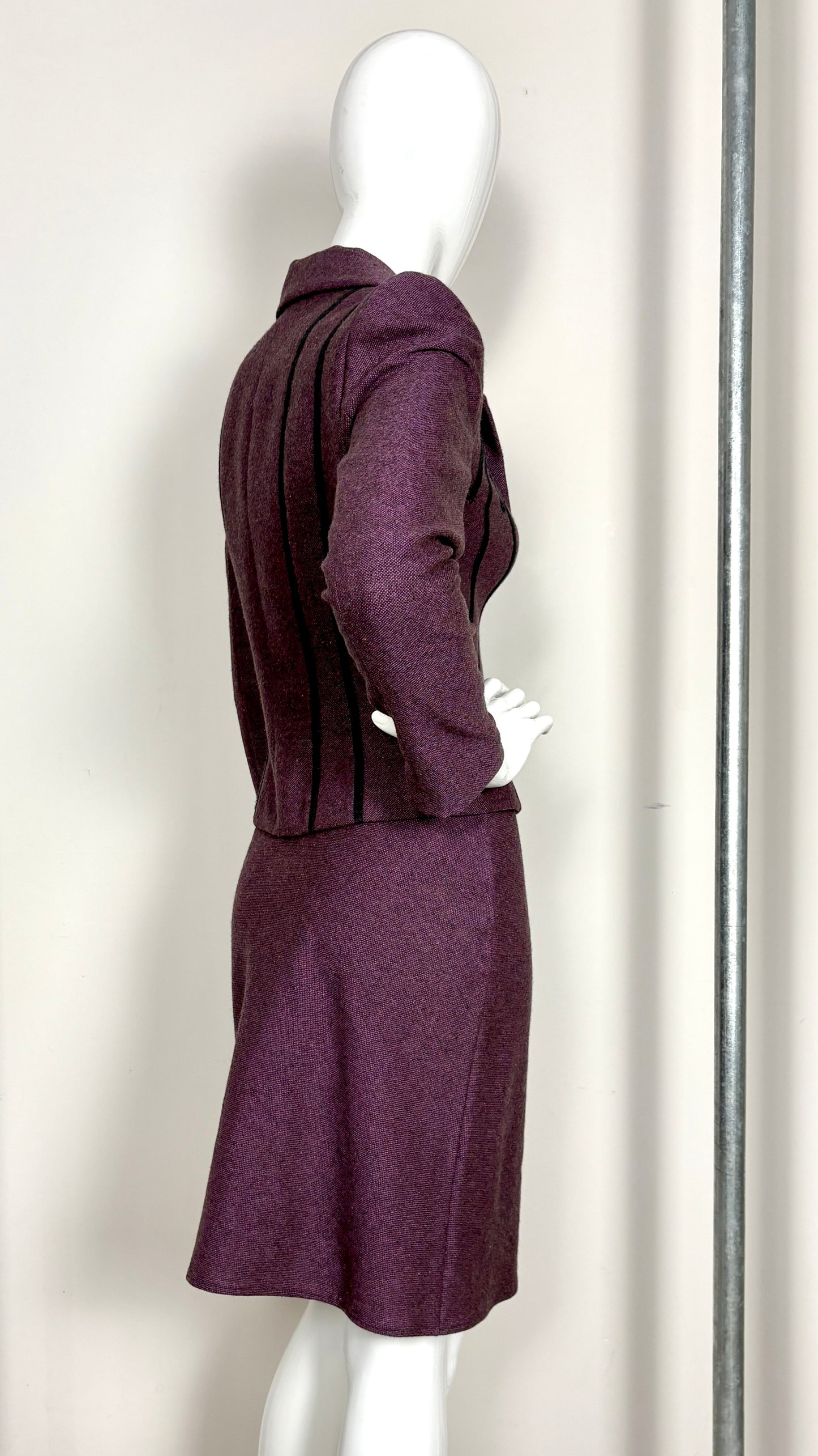 John Galliano circa 1994 aubergine bow applique suit
