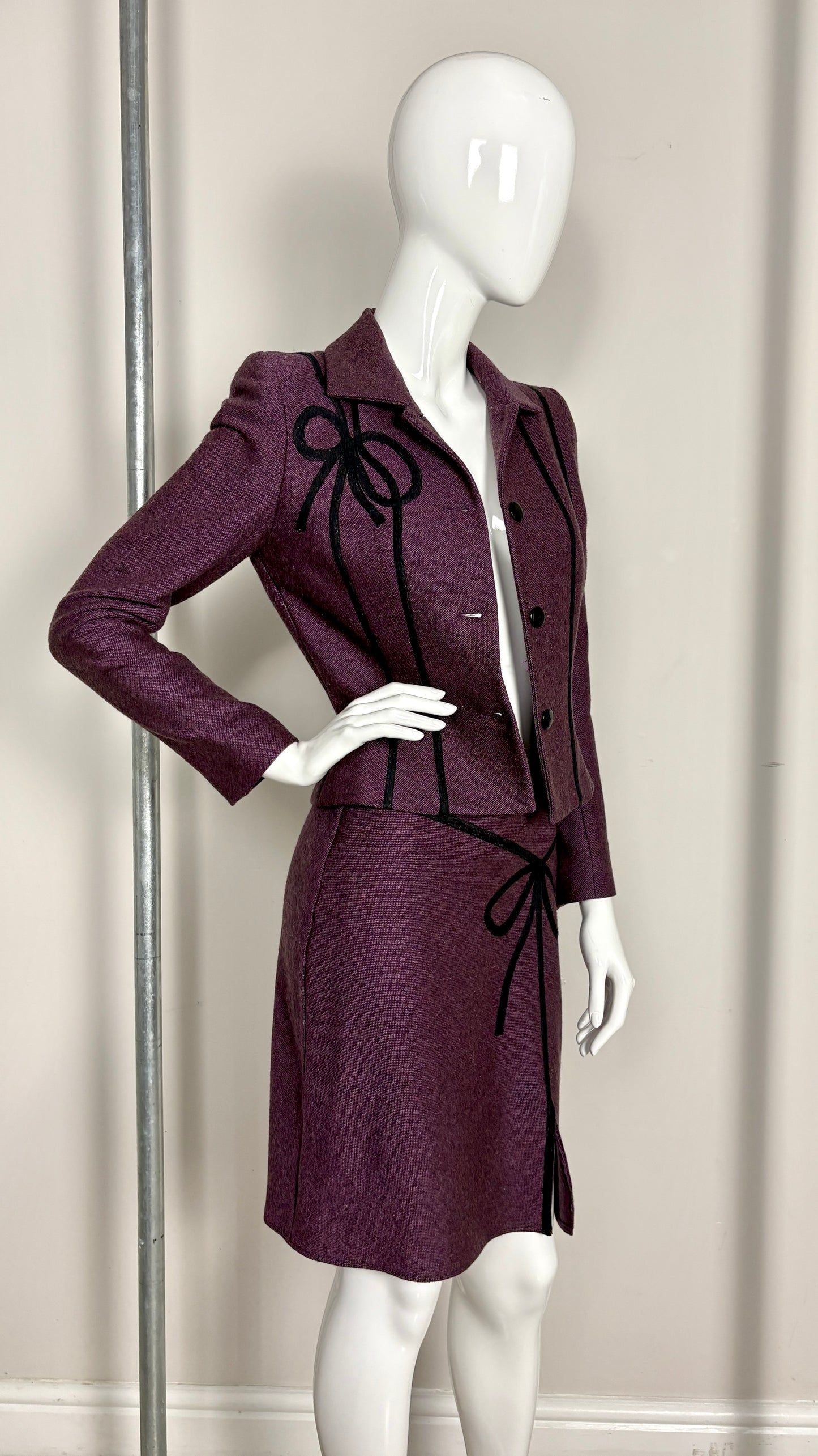 John Galliano circa 1994 aubergine bow applique suit