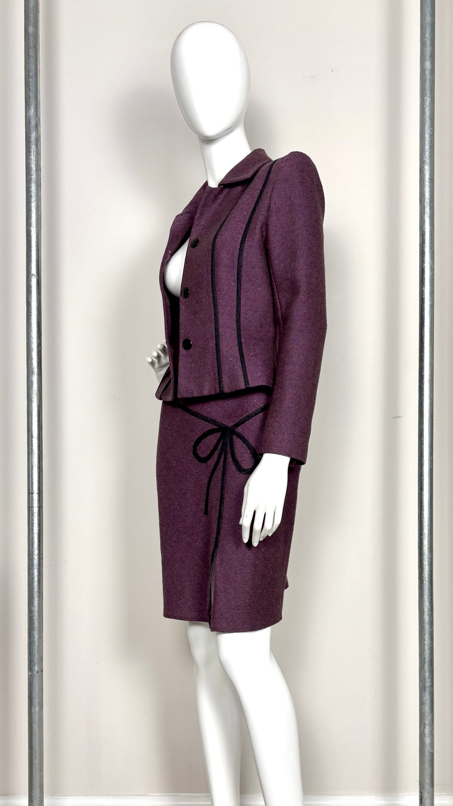 John Galliano circa 1994 aubergine bow applique suit