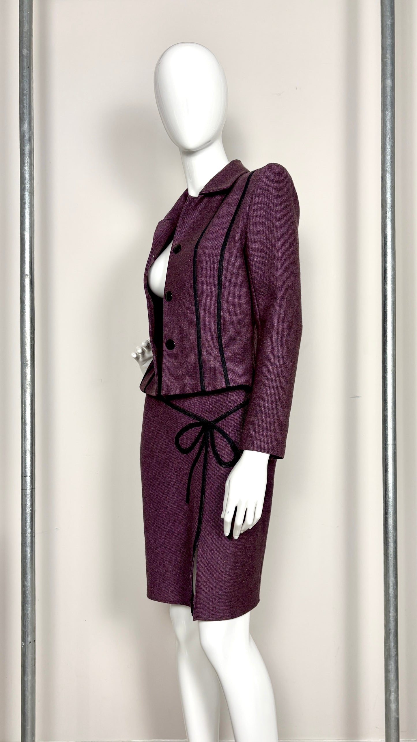 John Galliano circa 1994 aubergine bow applique suit