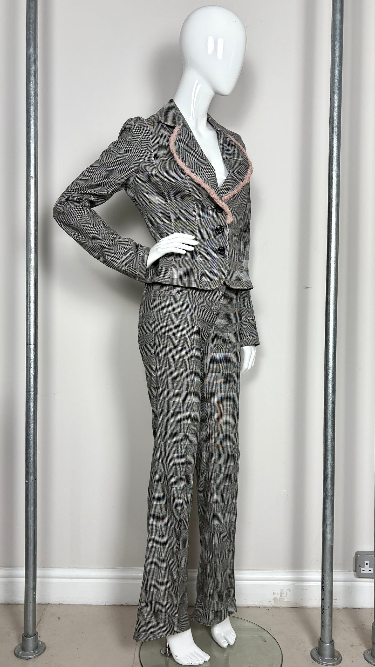 John Galliano S/S 2006 glen plaid wool suit with pink silk trim