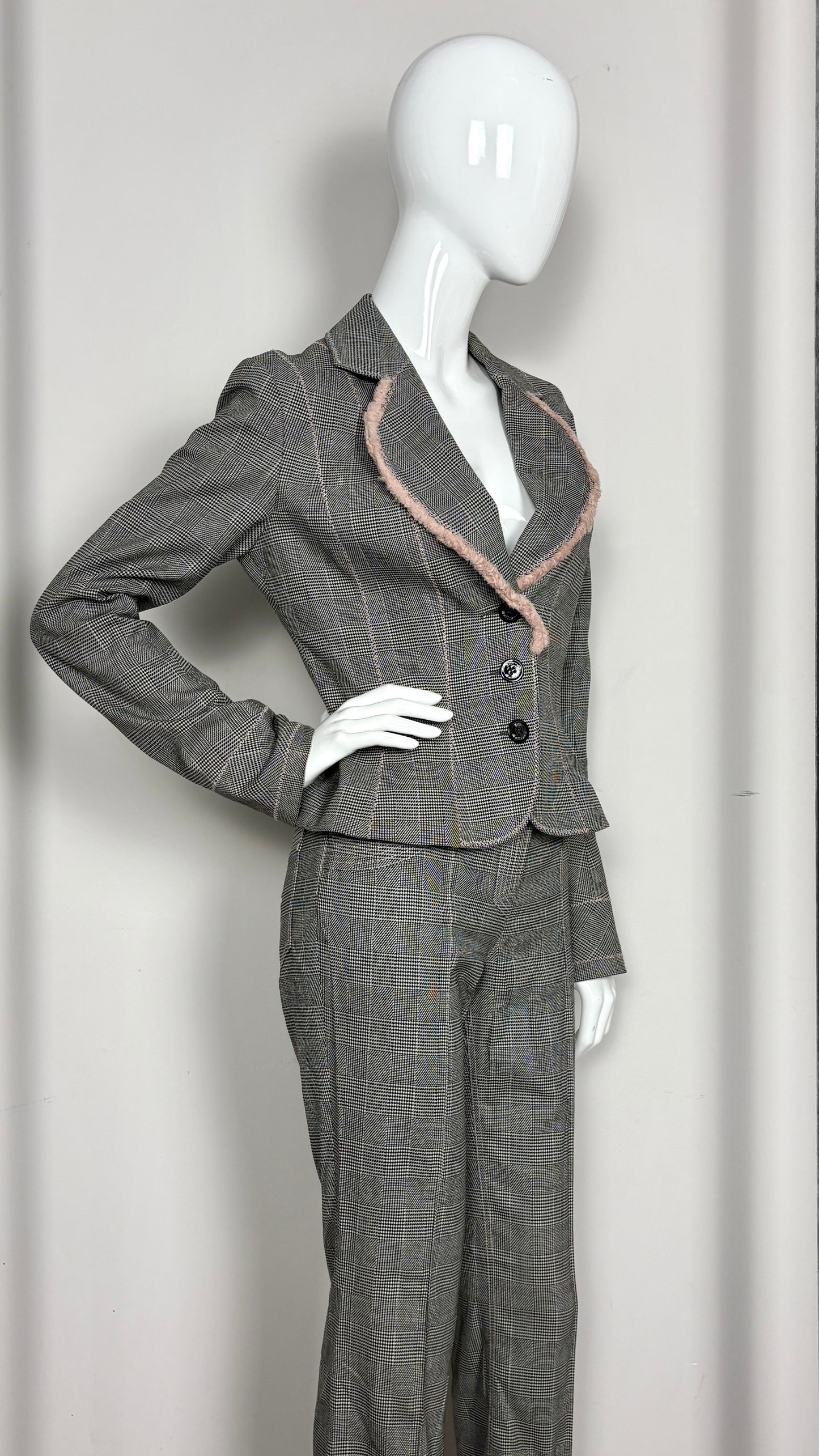 John Galliano S/S 2006 glen plaid wool suit with pink silk trim