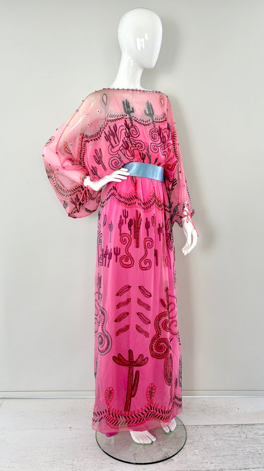 Zandra Rhodes S/S 1976 'Cactus and Cowboy' collection printed chiffon dress with satin sash