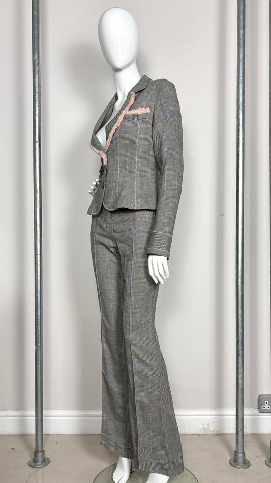 John Galliano S/S 2006 glen plaid wool suit with pink silk trim