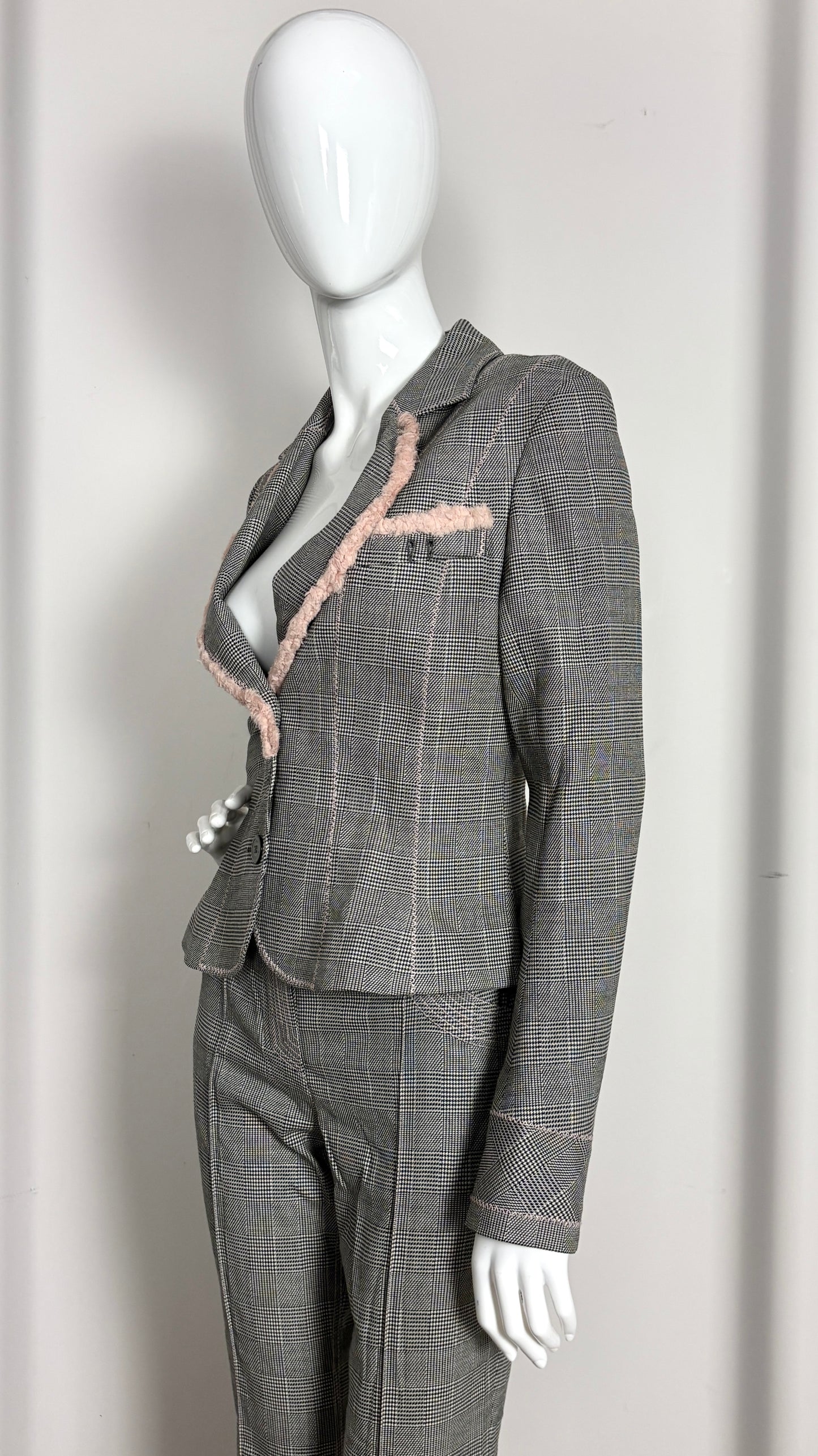 John Galliano S/S 2006 glen plaid wool suit with pink silk trim
