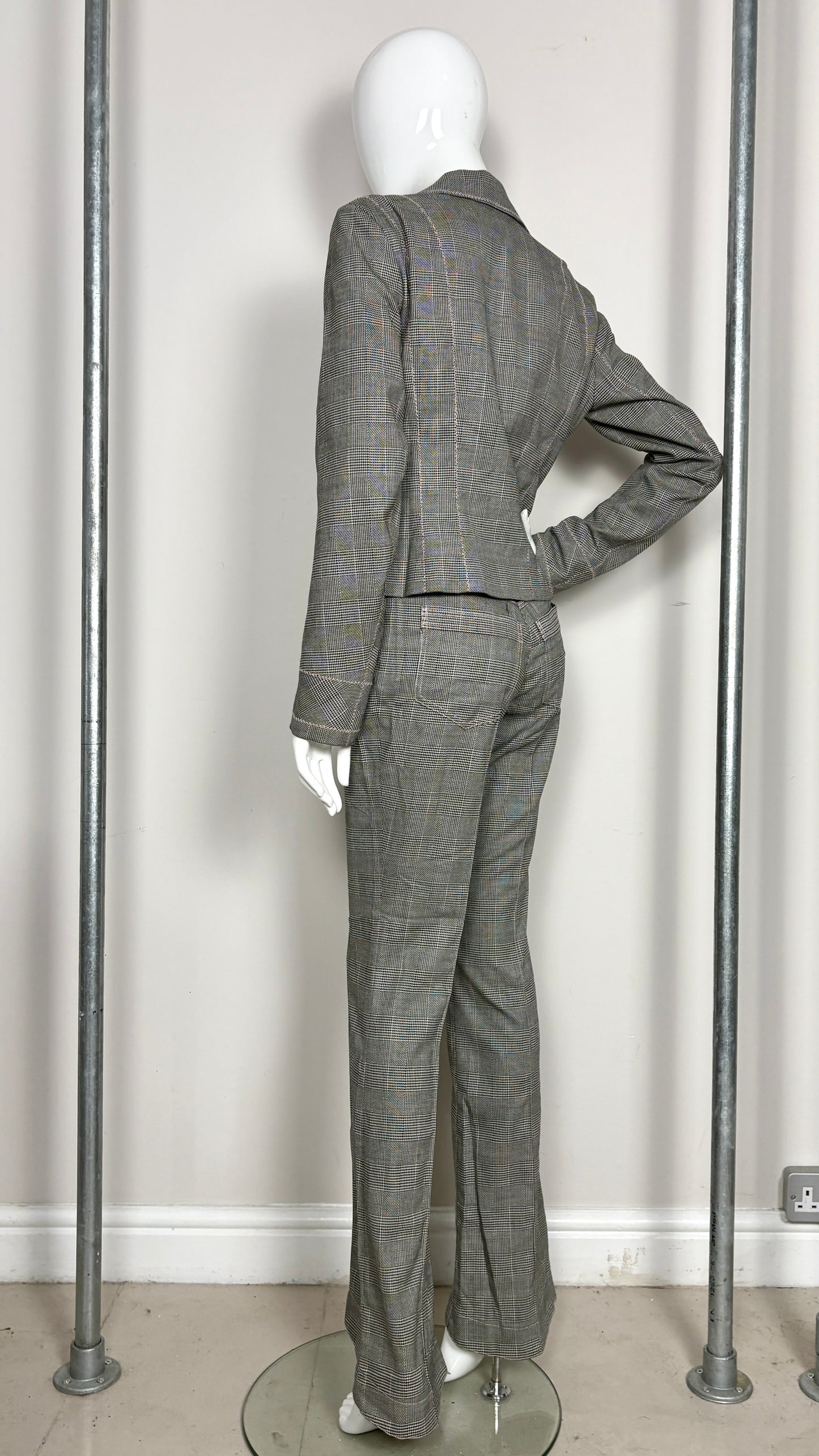 John Galliano S/S 2006 glen plaid wool suit with pink silk trim