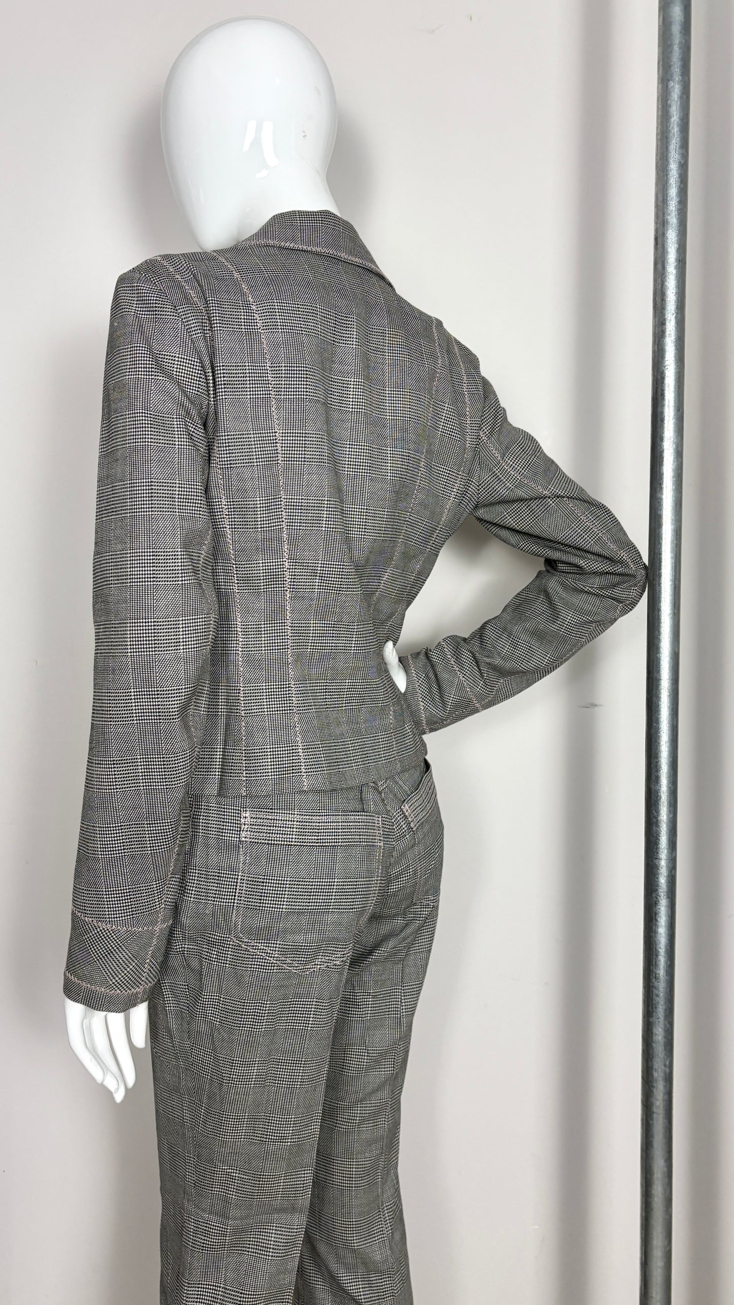John Galliano S/S 2006 glen plaid wool suit with pink silk trim