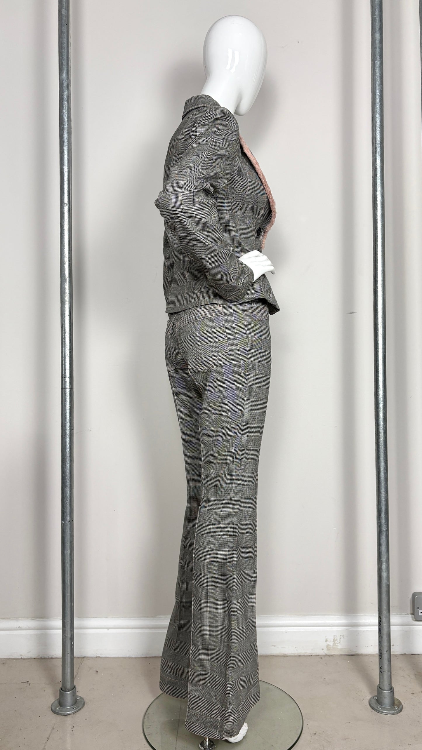 John Galliano S/S 2006 glen plaid wool suit with pink silk trim