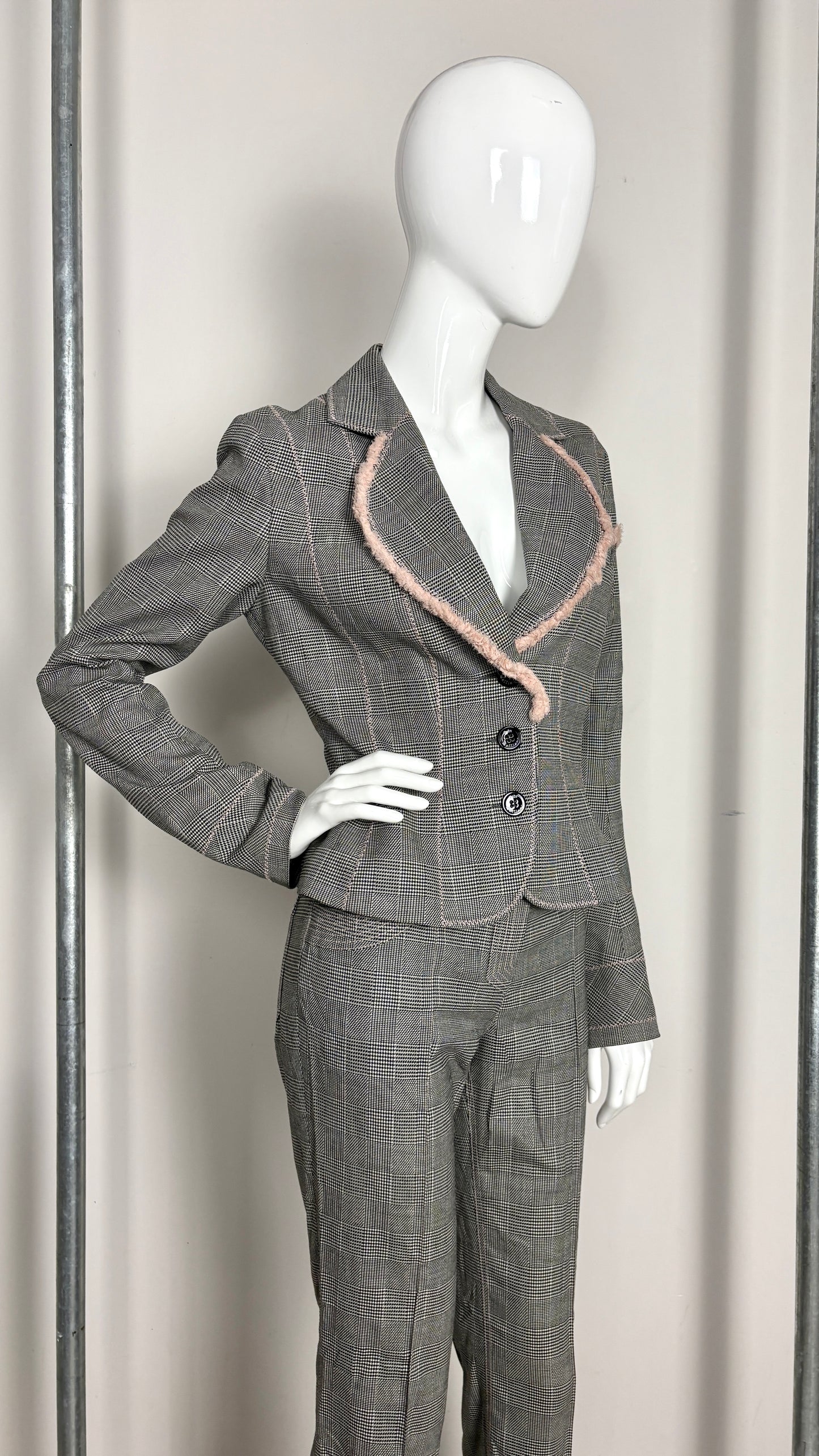 John Galliano S/S 2006 glen plaid wool suit with pink silk trim