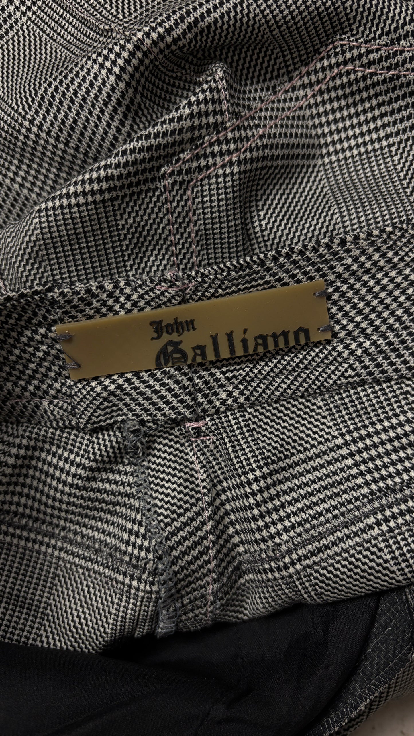 John Galliano S/S 2006 glen plaid wool suit with pink silk trim