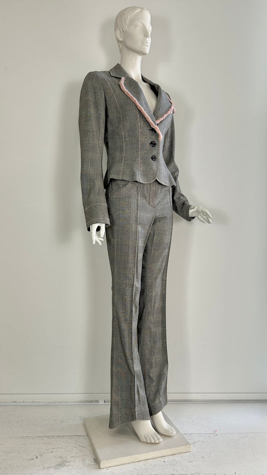 John Galliano S/S 2006 glen plaid wool suit with pink silk trim
