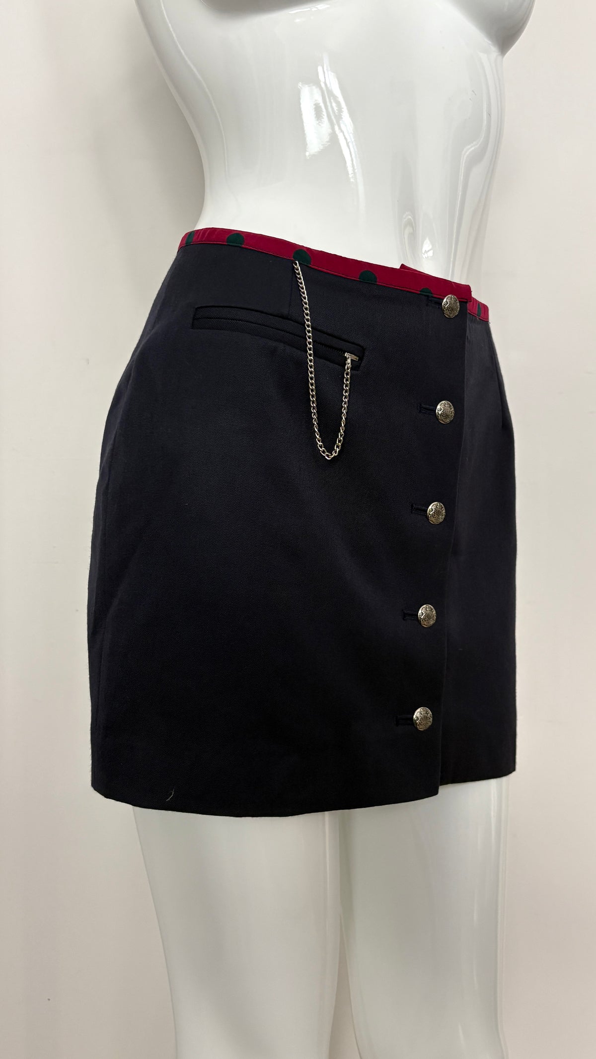John Richmond A/W 1992 navy suit with polkadot scarf trim