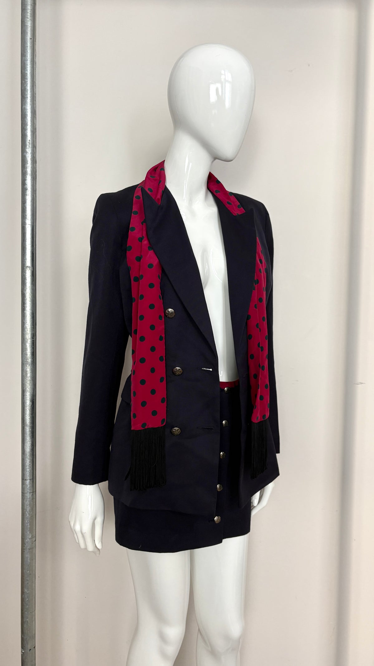 John Richmond A/W 1992 navy suit with polkadot scarf trim