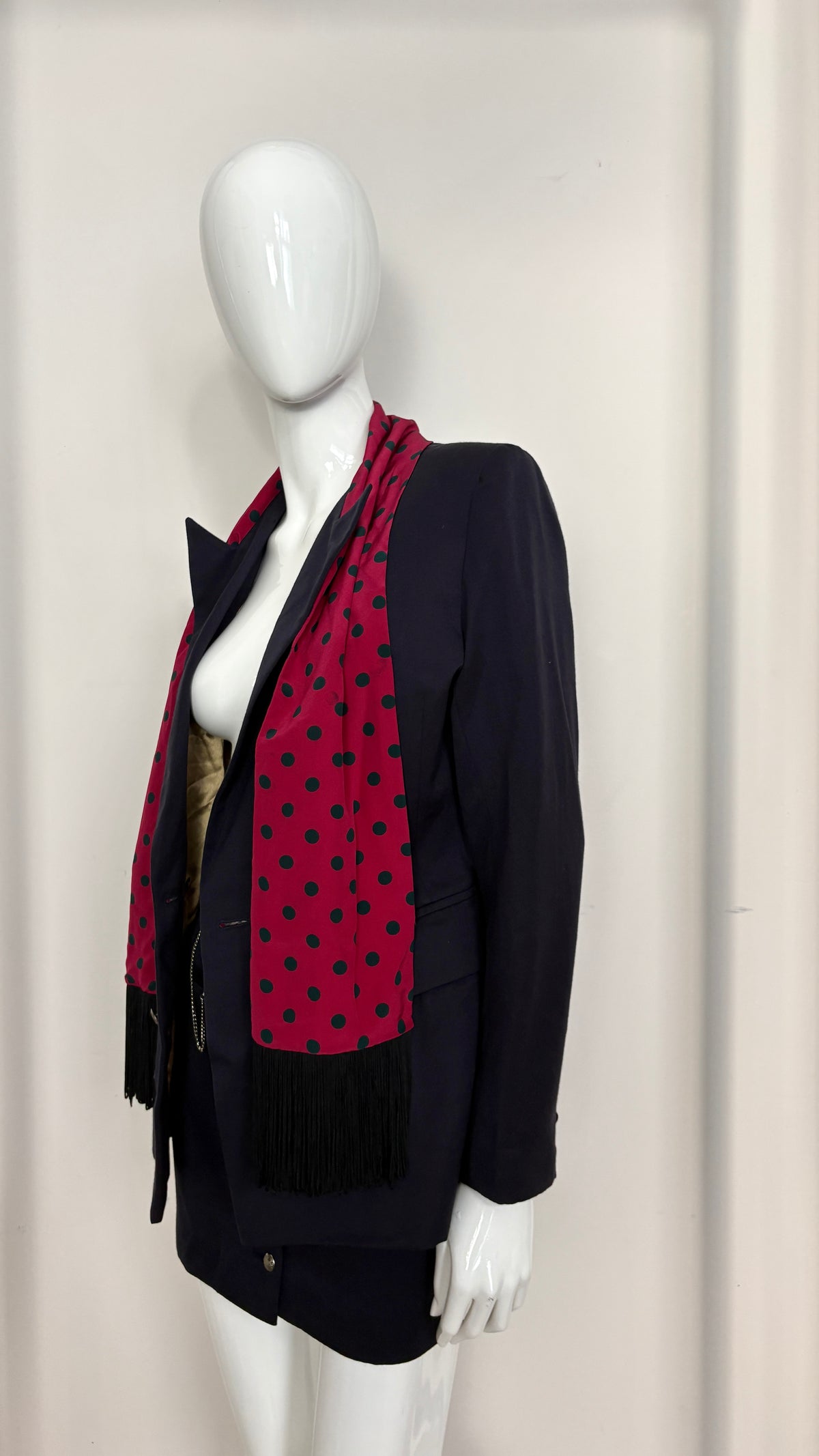 John Richmond A/W 1992 navy suit with polkadot scarf trim