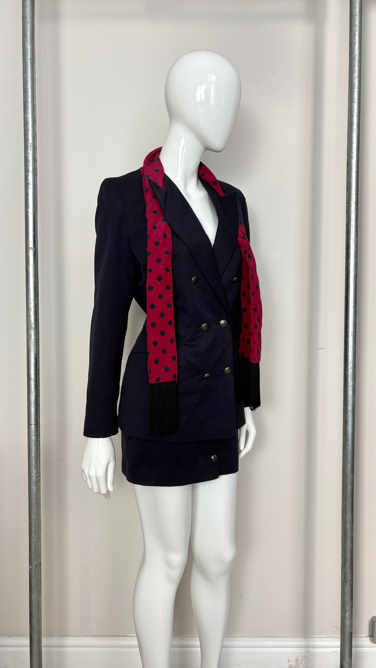 John Richmond A/W 1992 navy suit with polkadot scarf trim
