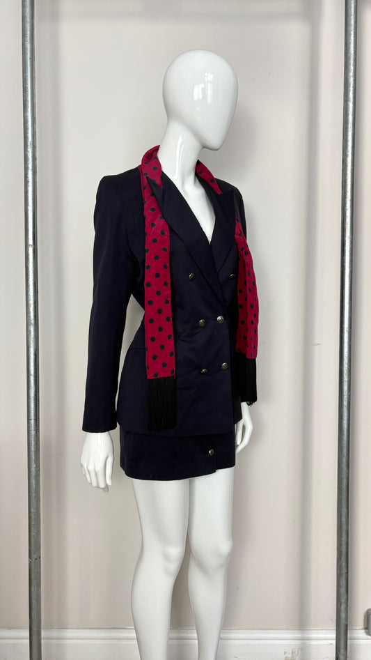 John Richmond A/W 1992 navy suit with polkadot scarf trim