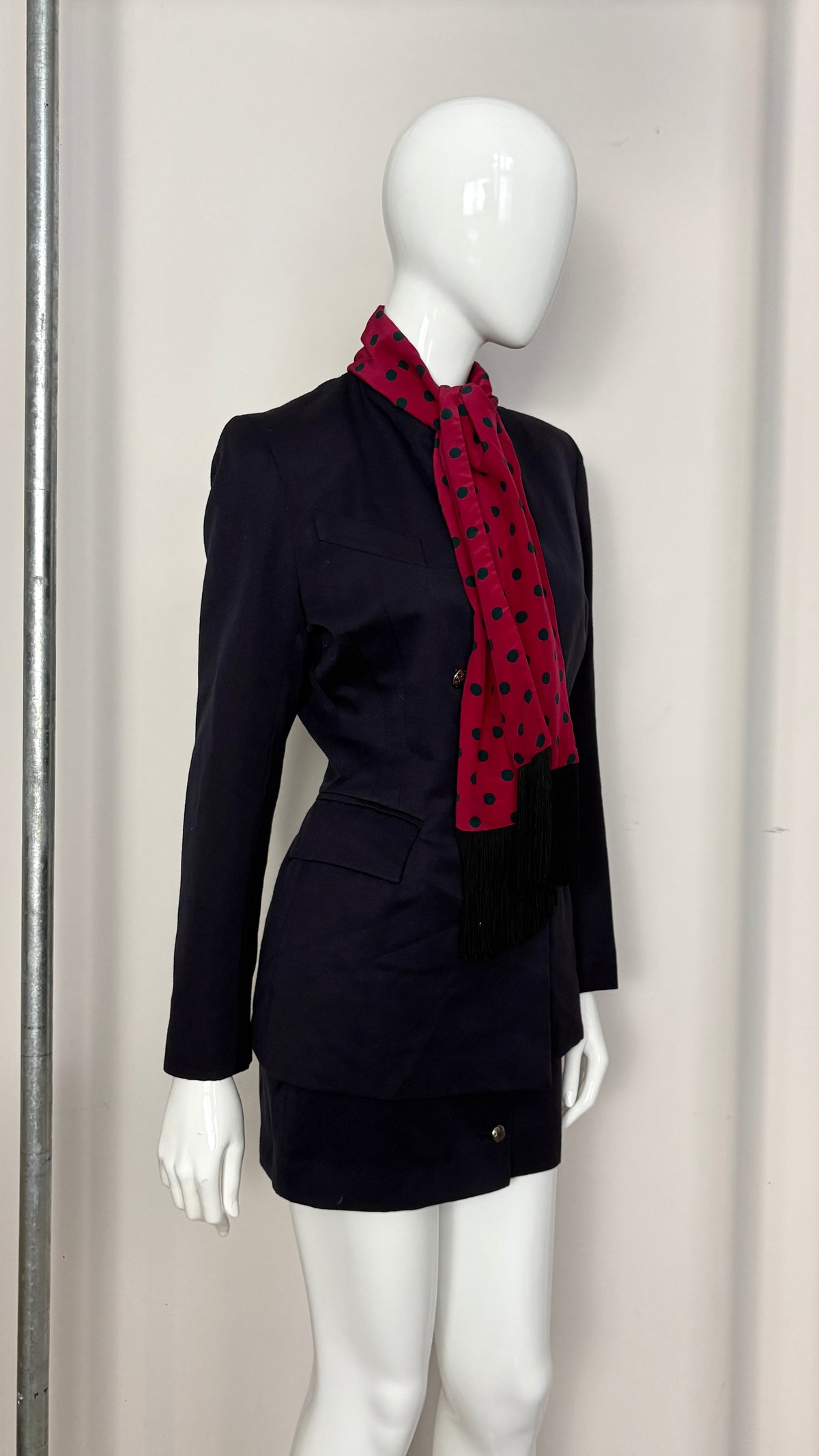 John Richmond A/W 1992 navy suit with polkadot scarf trim
