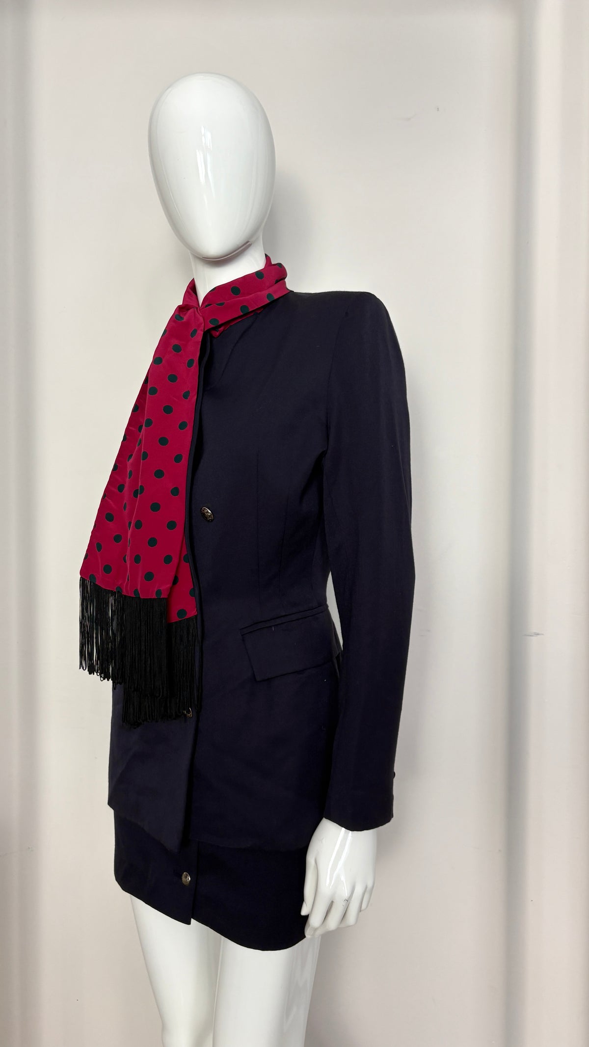 John Richmond A/W 1992 navy suit with polkadot scarf trim