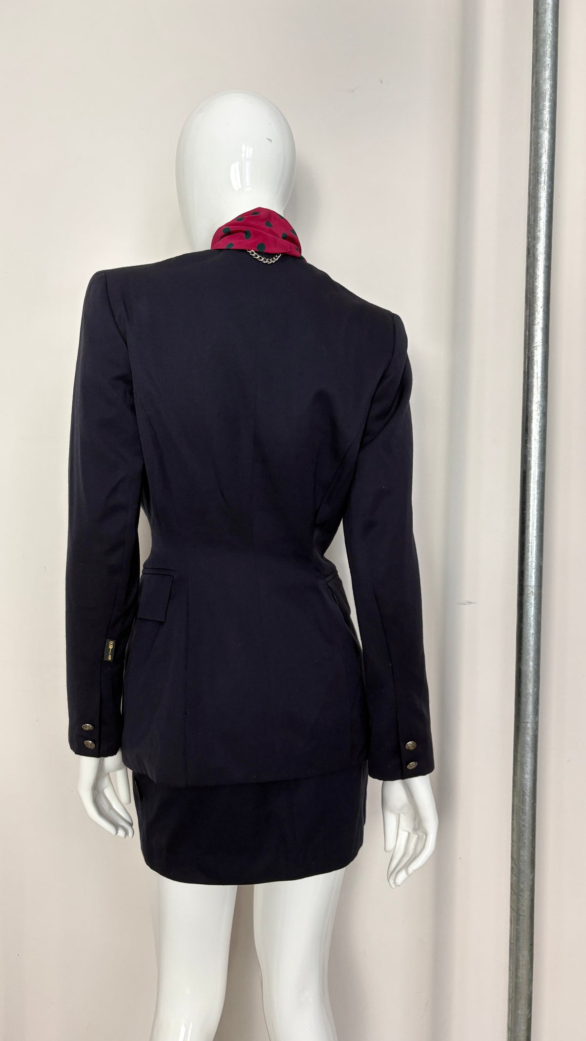 John Richmond A/W 1992 navy suit with polkadot scarf trim