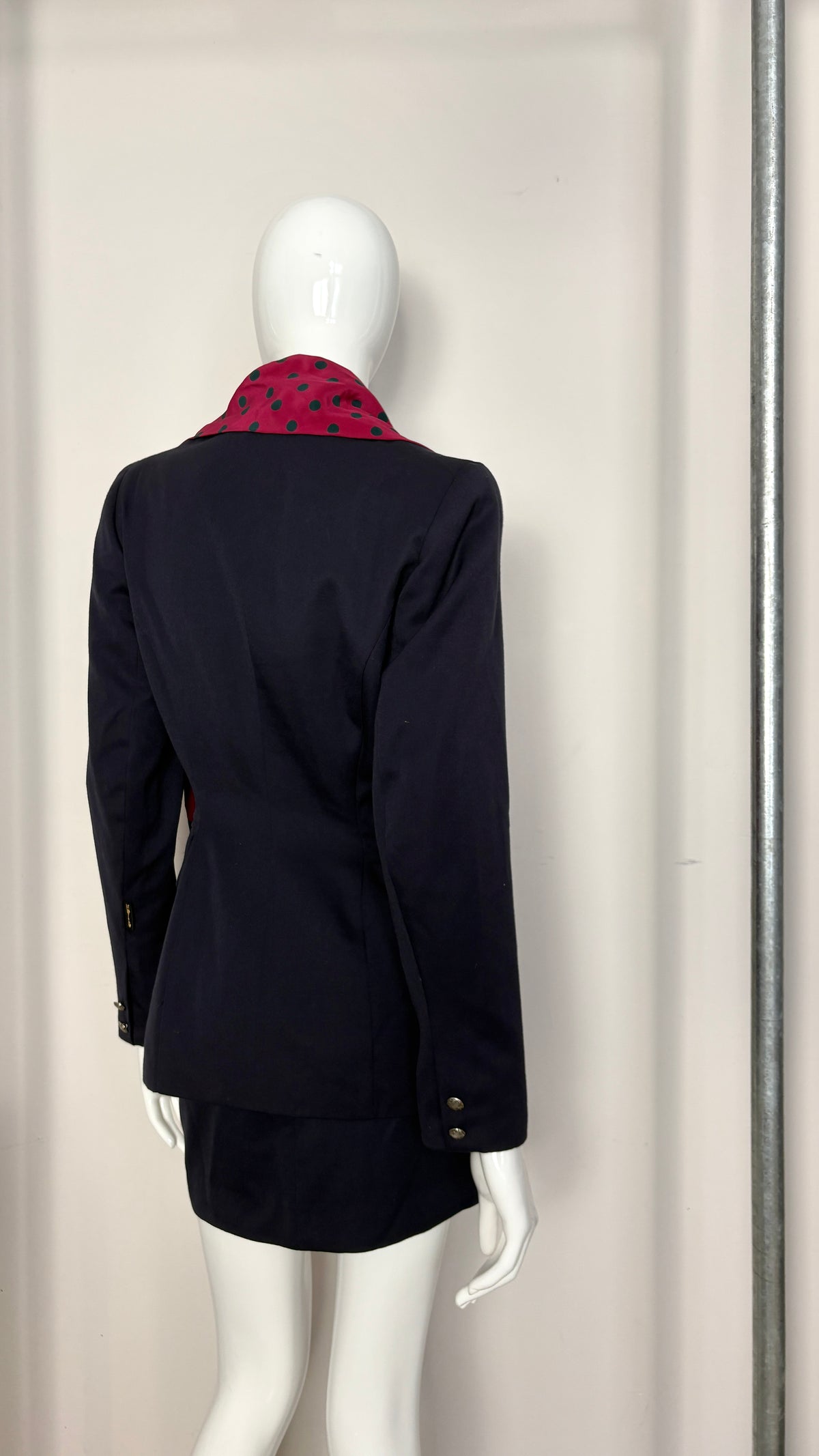 John Richmond A/W 1992 navy suit with polkadot scarf trim