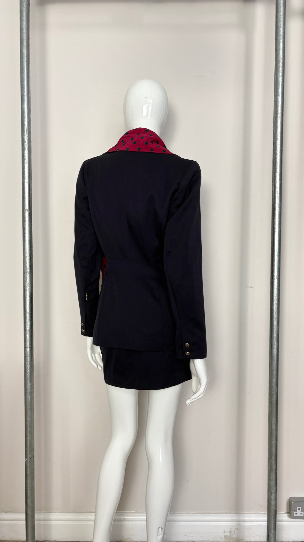 John Richmond A/W 1992 navy suit with polkadot scarf trim