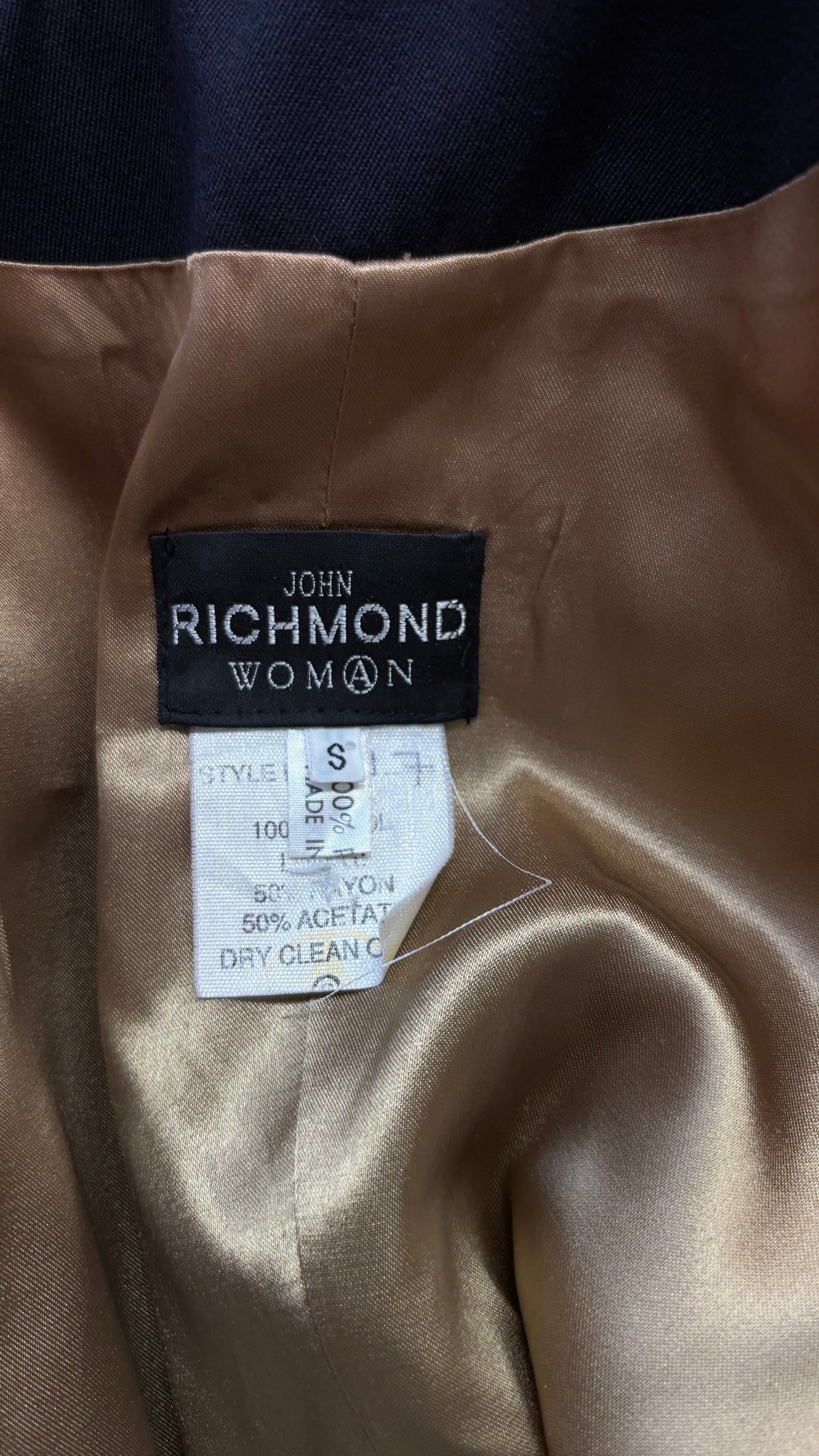 John Richmond A/W 1992 navy suit with polkadot scarf trim