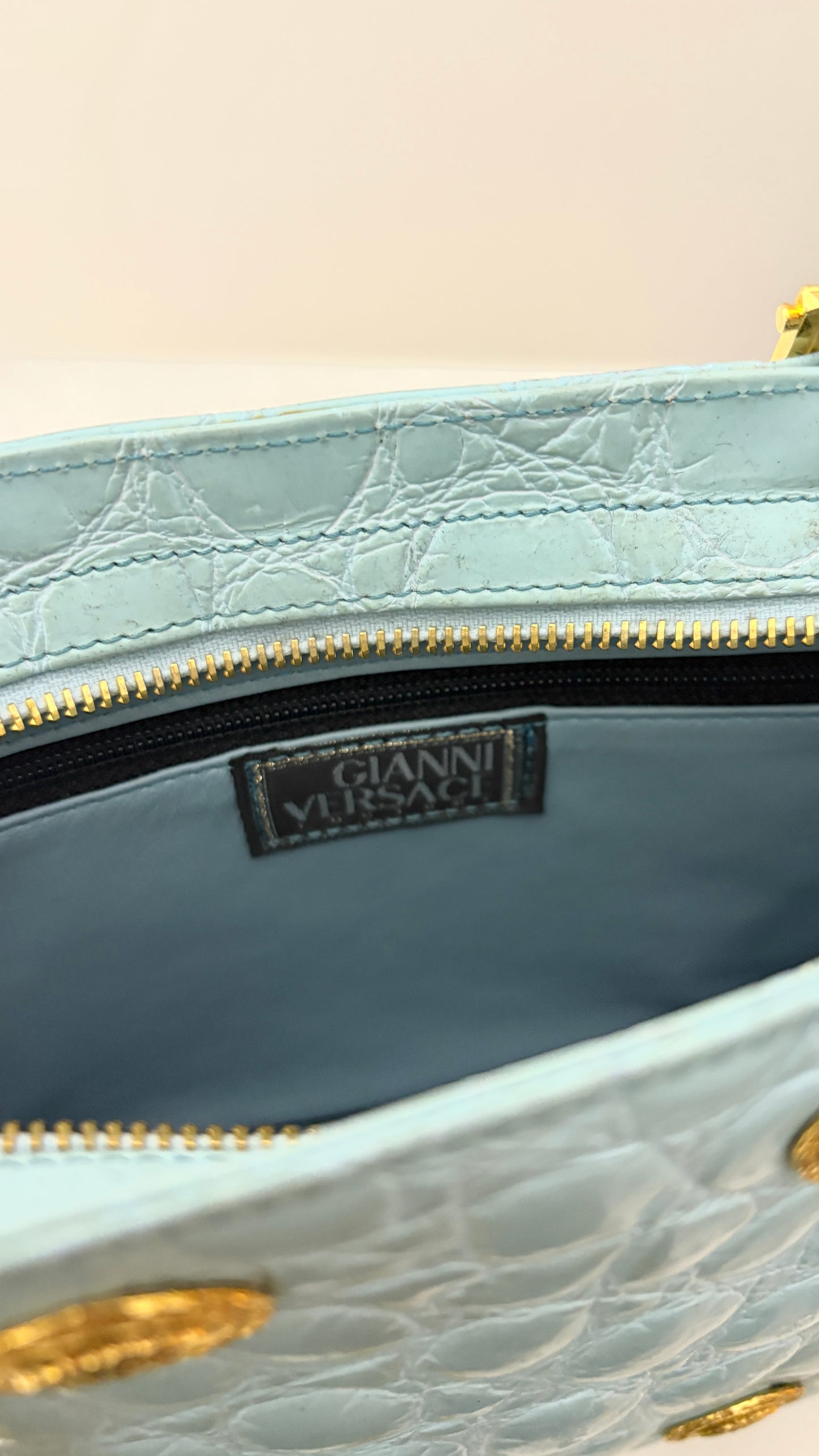 Gianni Versace powder blue crocodile purse