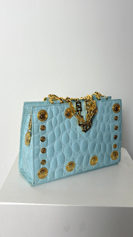 Gianni Versace powder blue crocodile purse